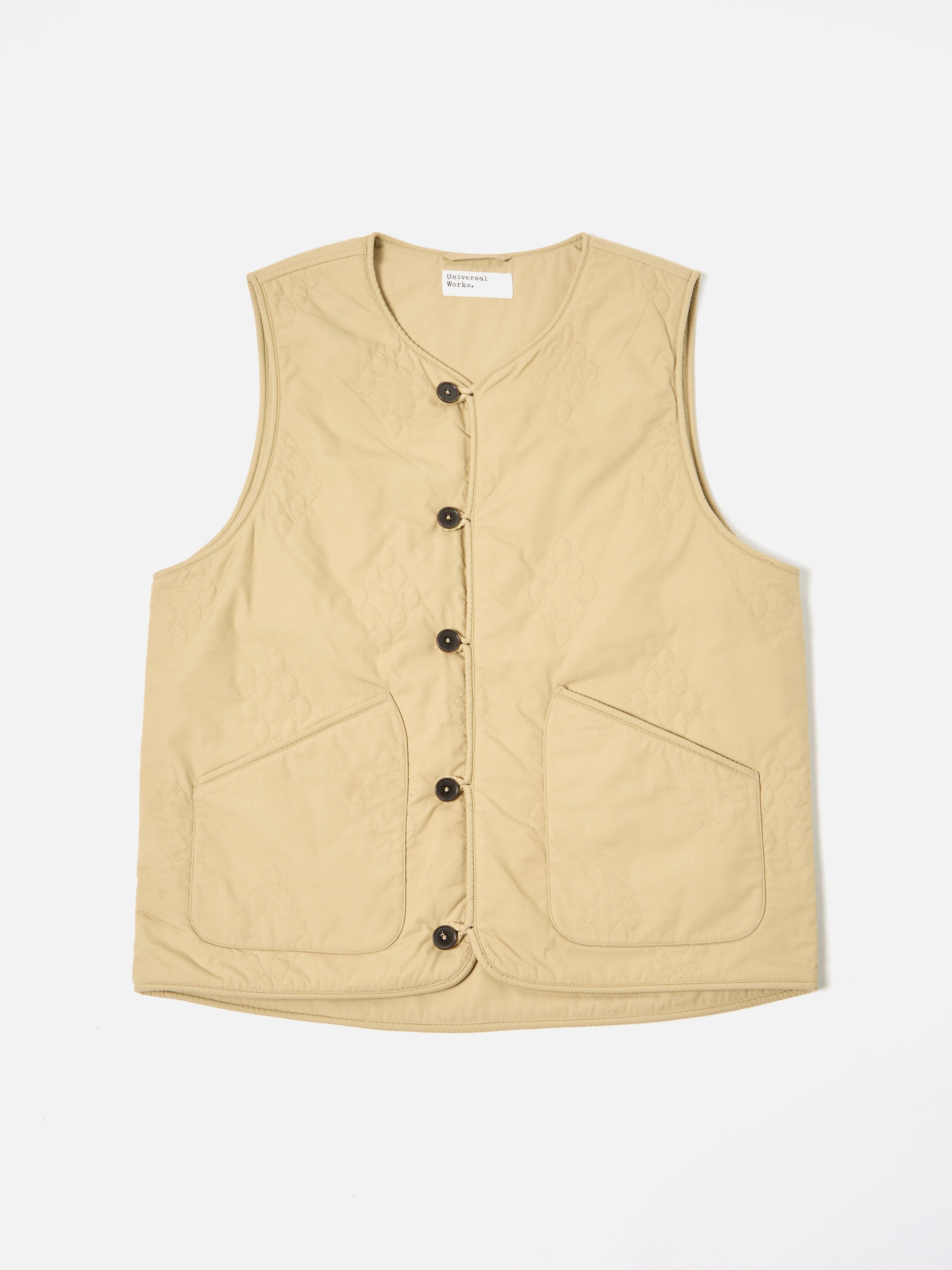 Universal Works Quilted Piped Liner Gilet in Sand Recycled Poly Tech