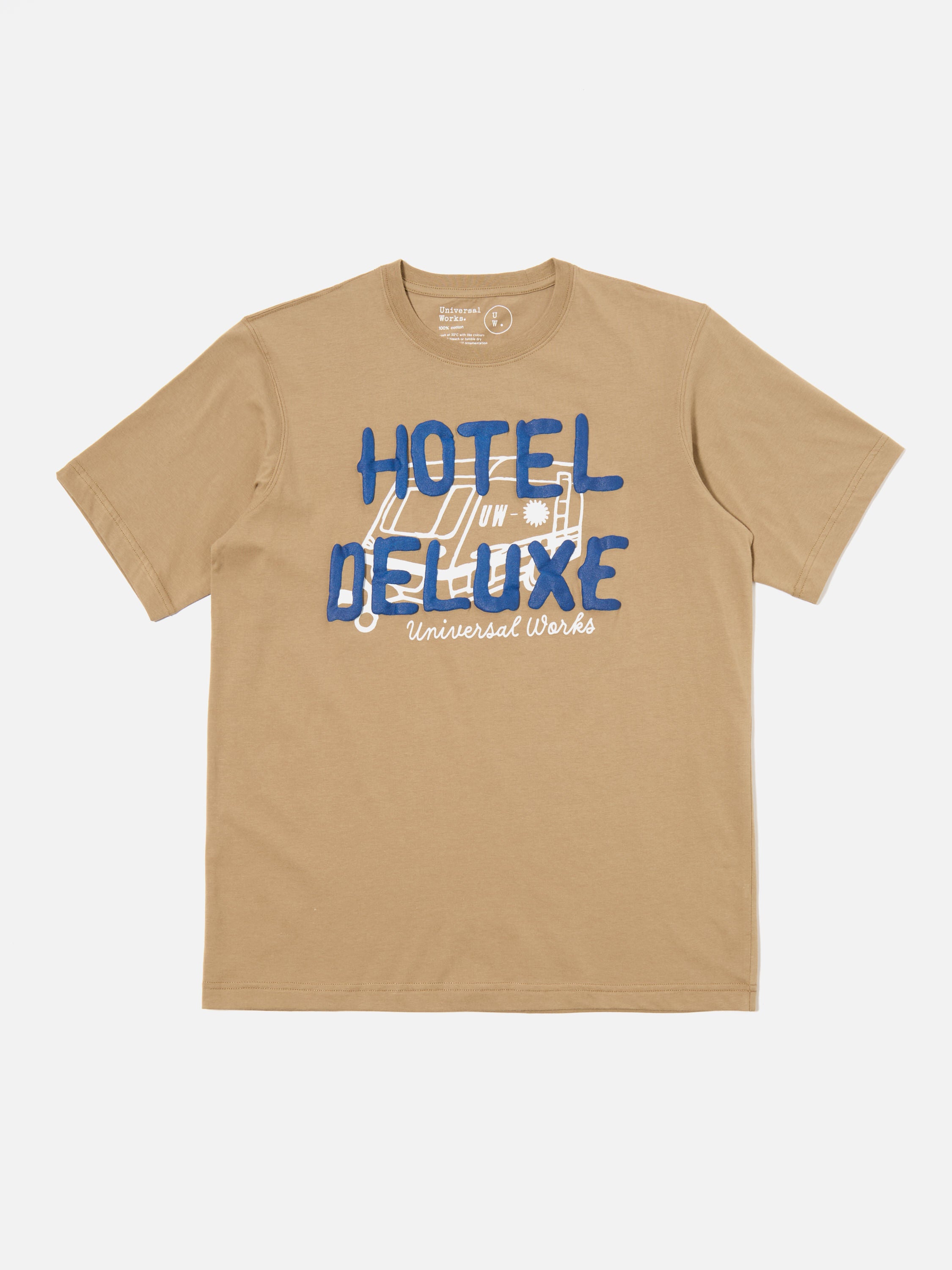 Universal Works Print Tee in Sand 'Hotel Deluxe' Single Jersey