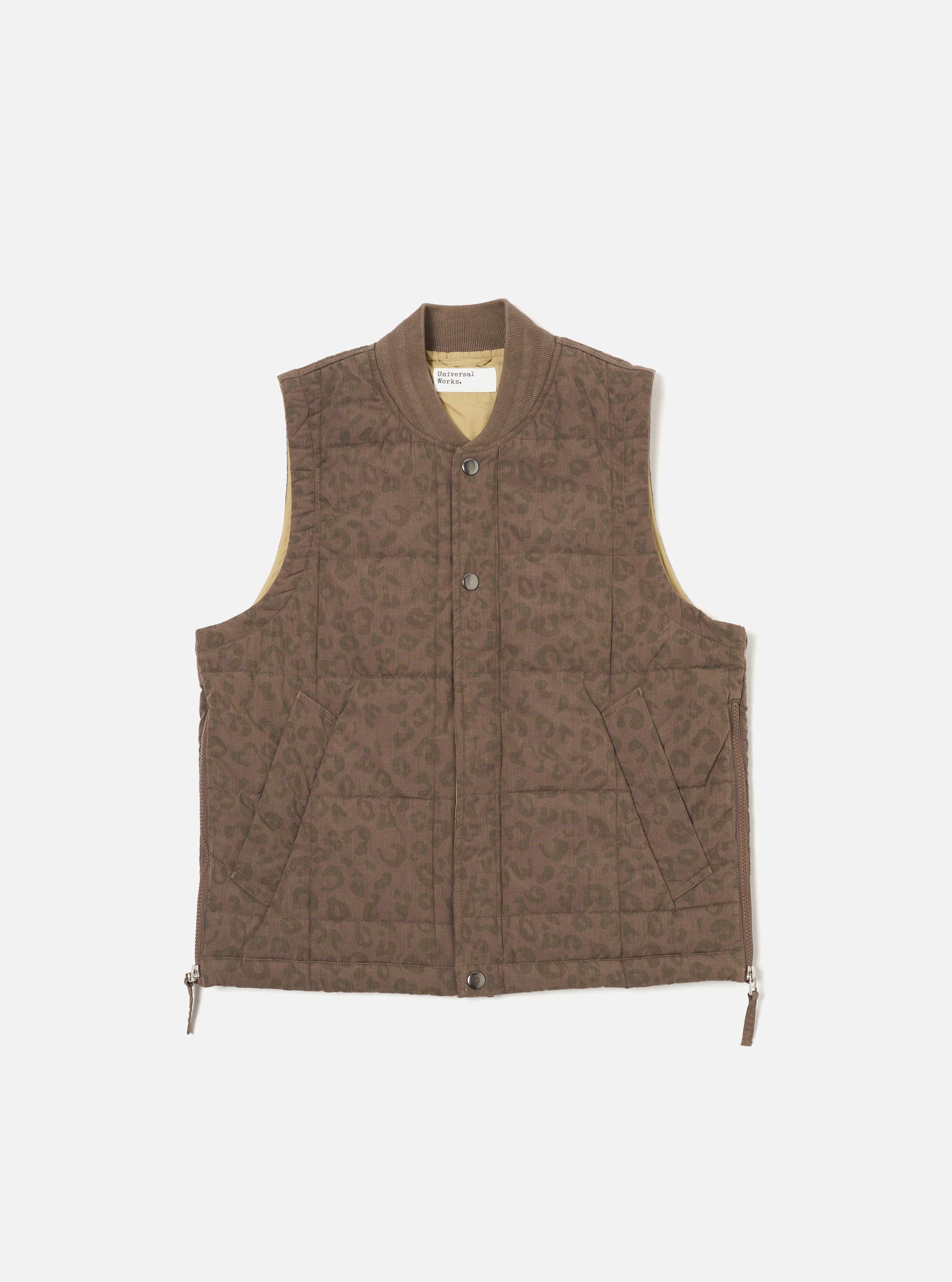 Universal Works Carlton Gilet in Sand Leopard Recycled Polytech
