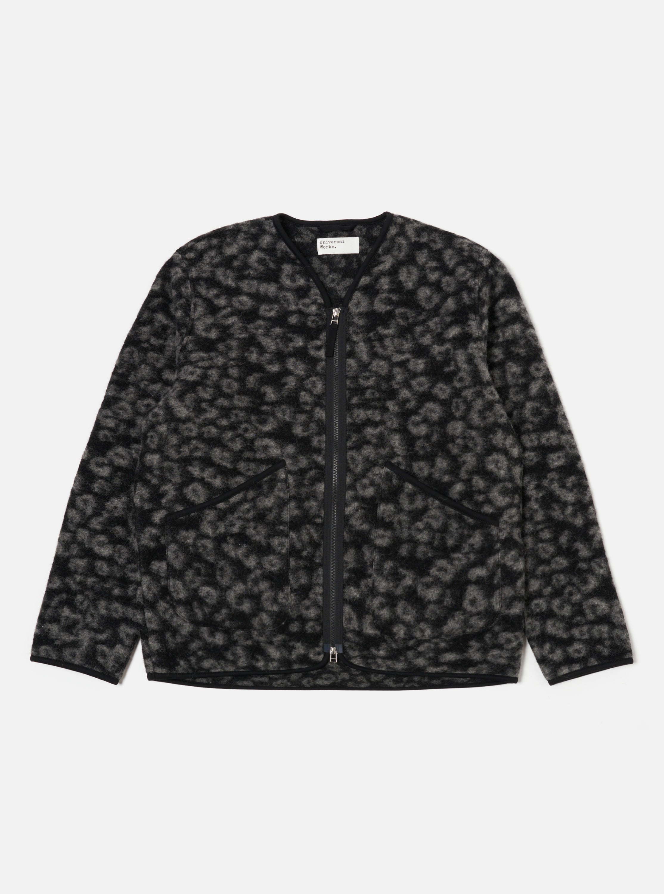 Universal Works Zip Liner Jacket in Black/Charcoal Leopard Fleece