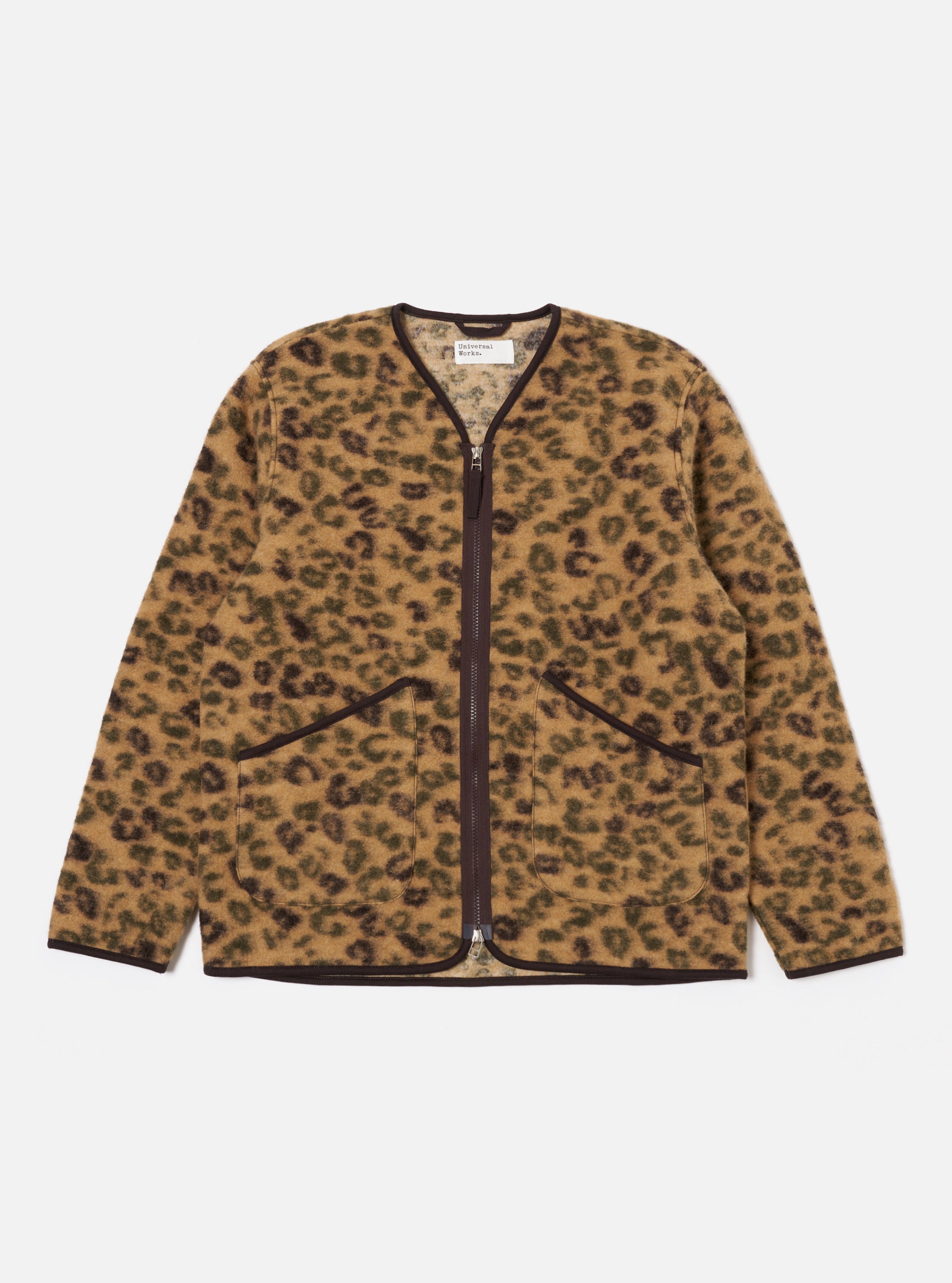 Universal Works Zip Liner Jacket in Camo Leopard Fleece