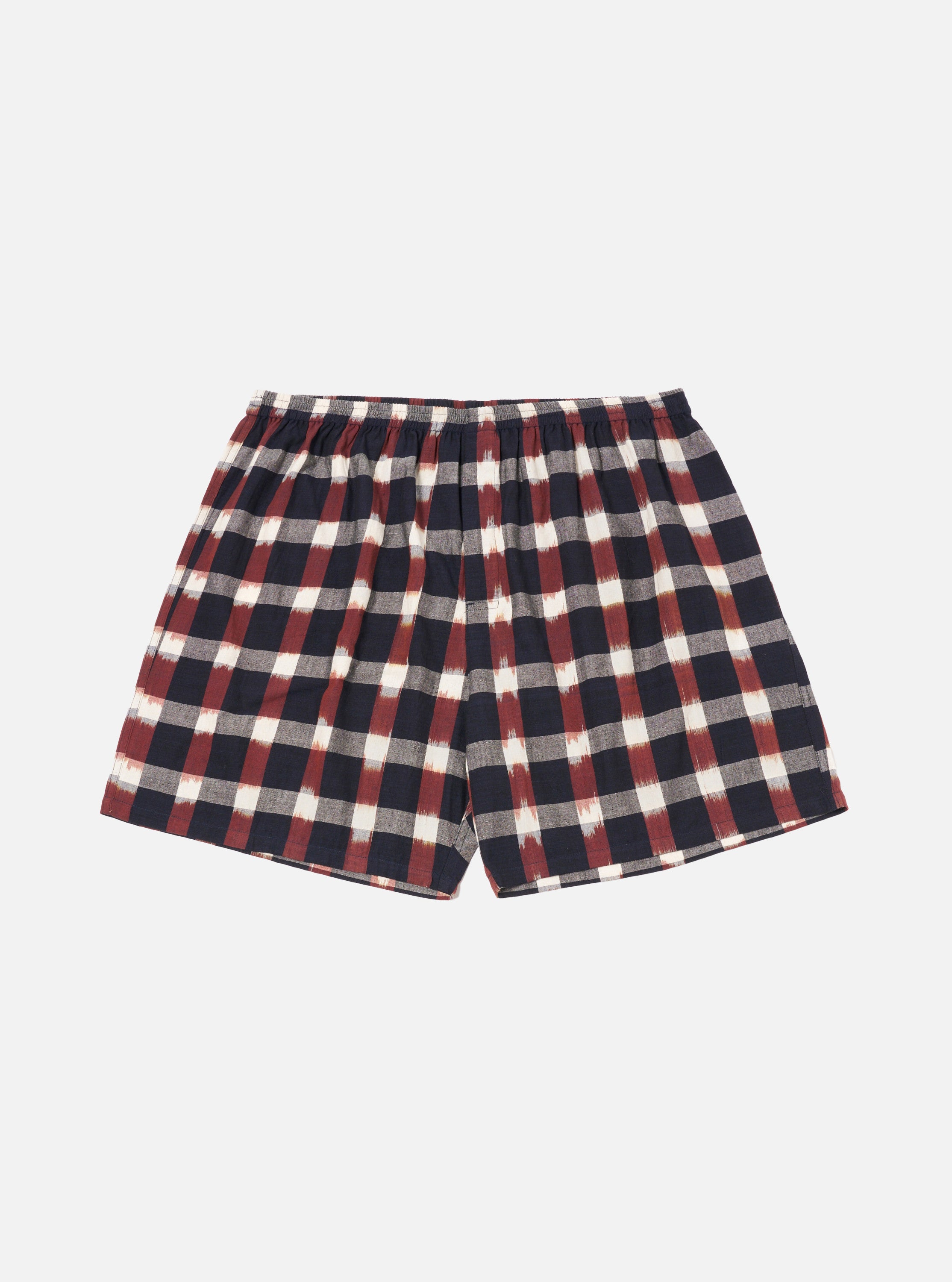 Universal Works Boxer Short in Navy/Brown Check Ikat