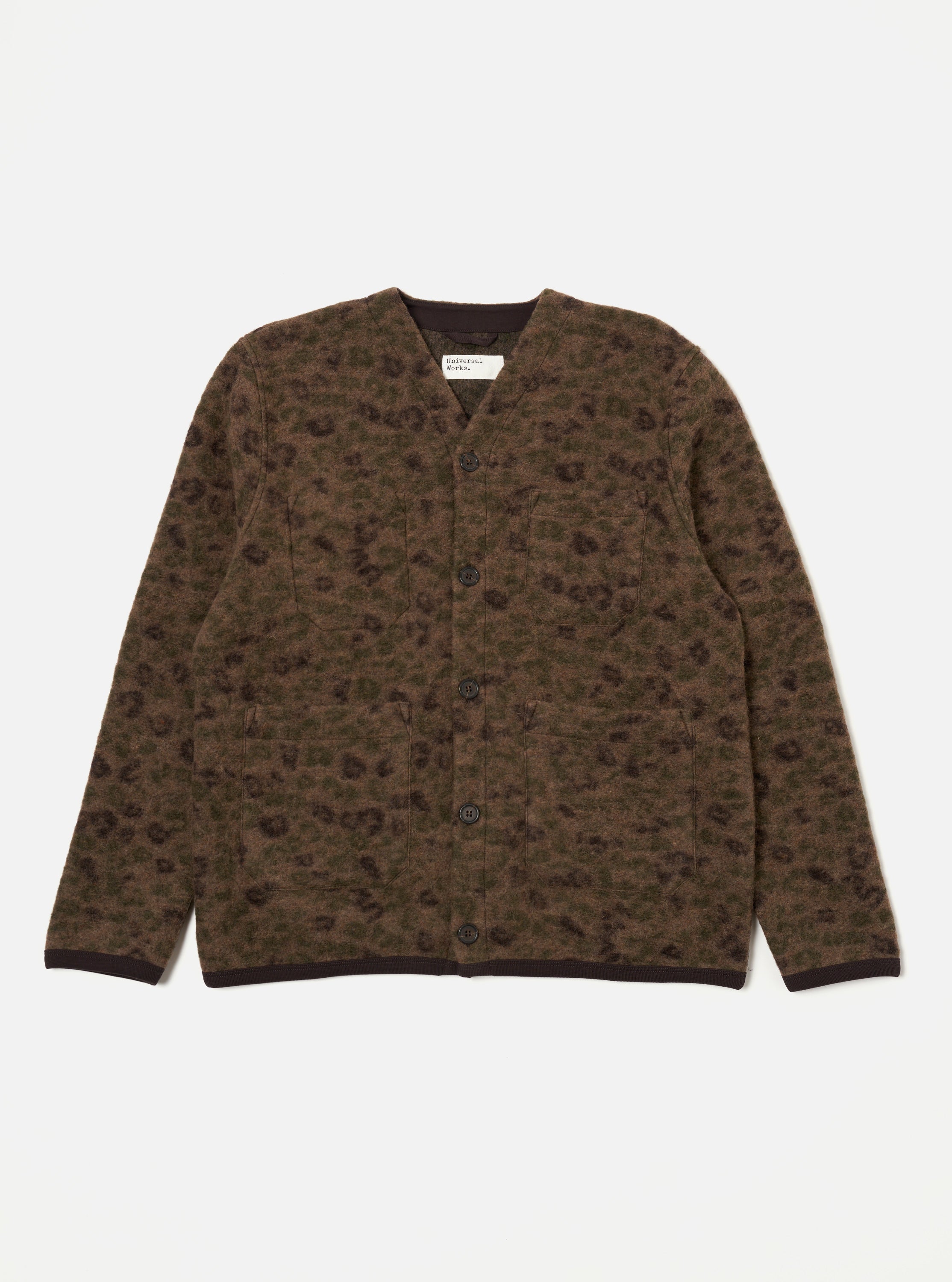 Universal Works Cardigan in Brown Camo Leopard ll Fleece