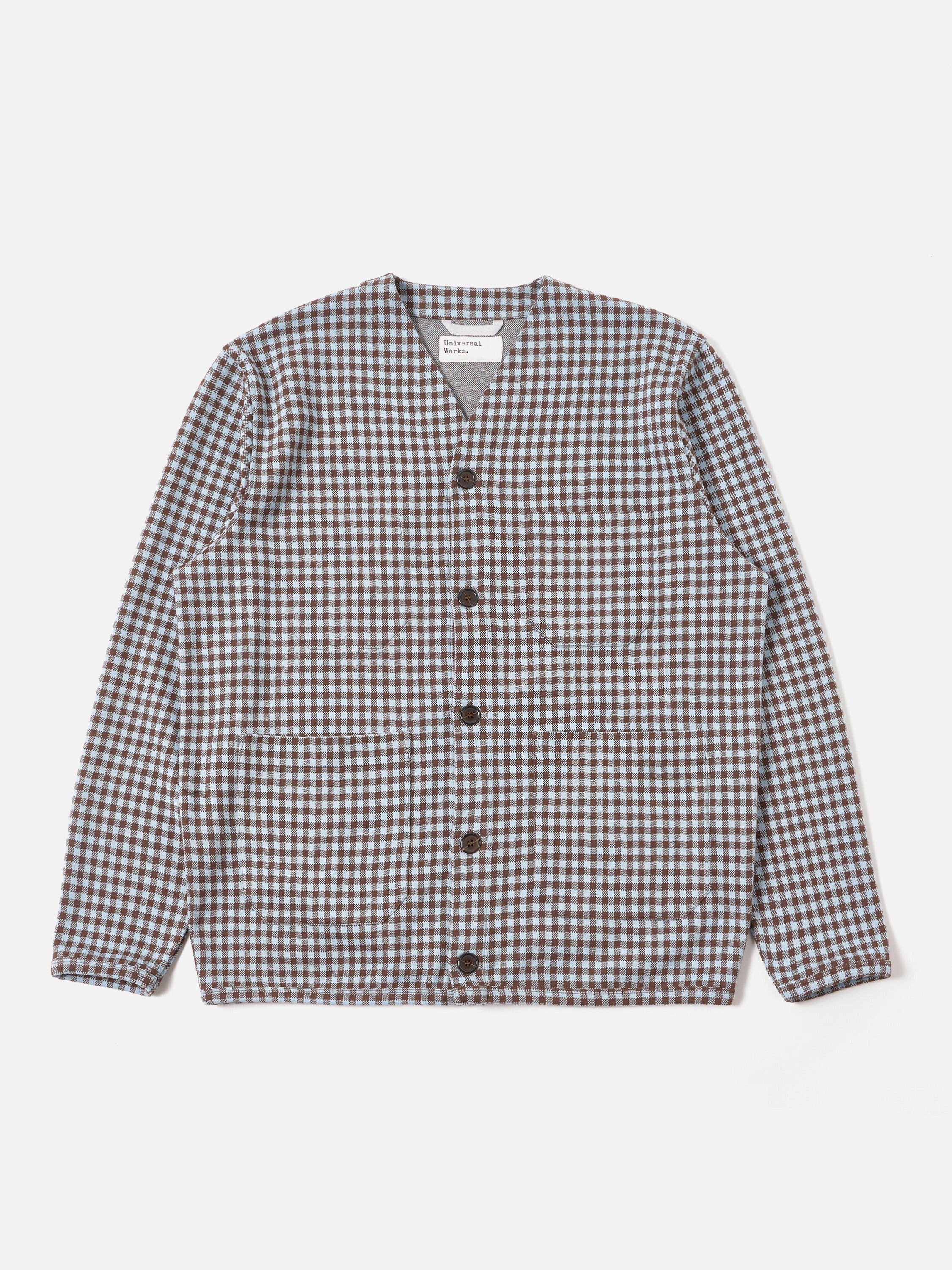 Universal Works Cardigan in Brown/Sky Gingham Cotton