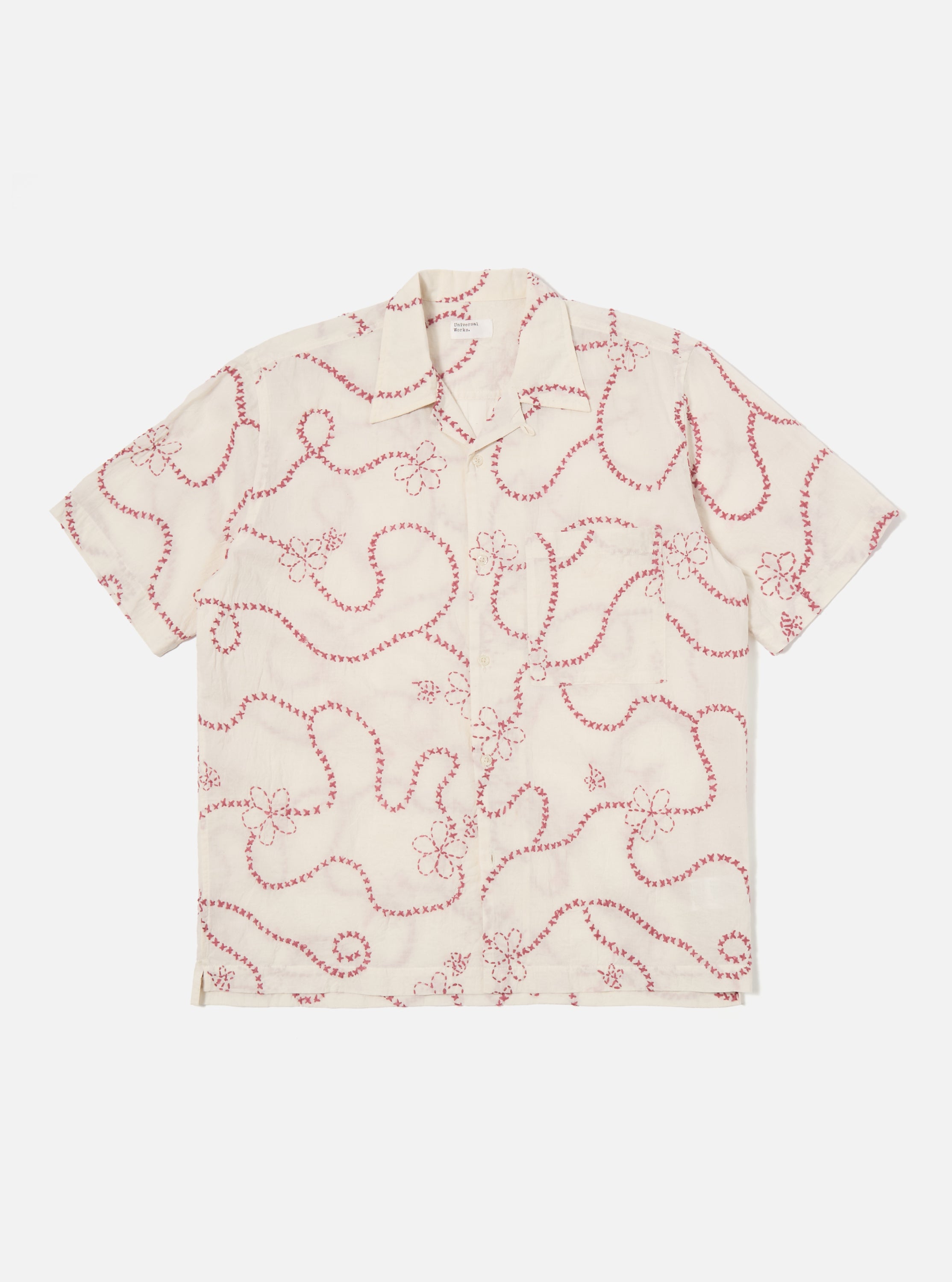 Universal Works Camp Shirt in Ecru Terracotta Kantha Cotton