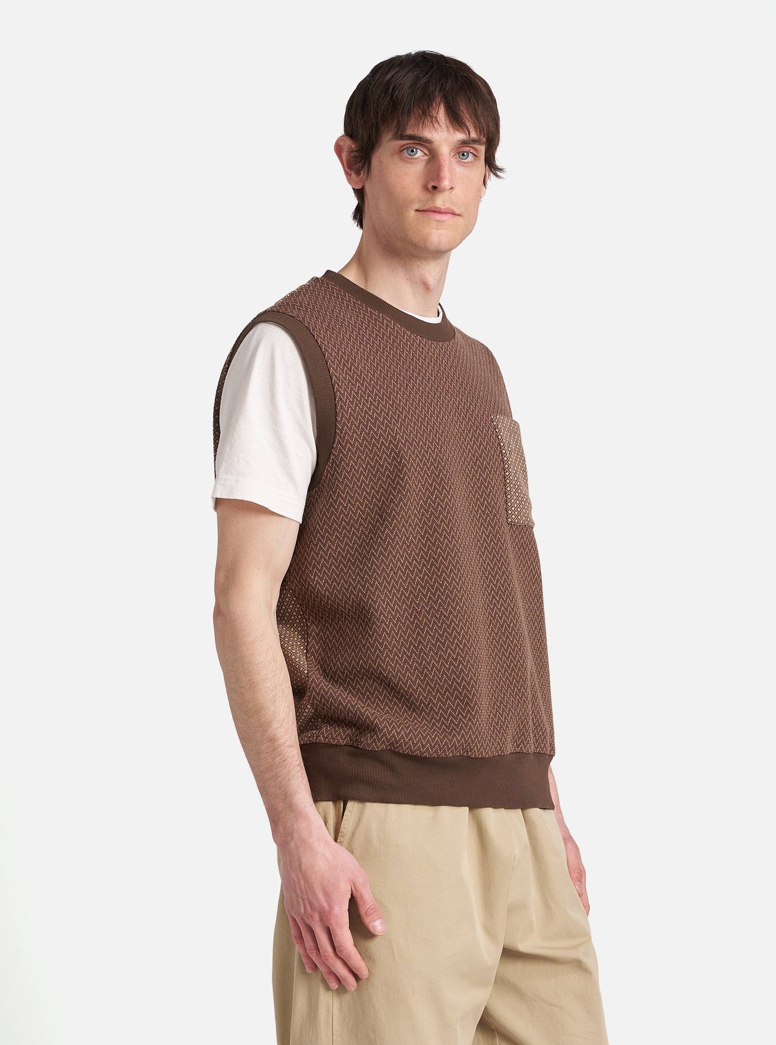 Universal Works Sleeveless Crew in Brown Cotton Mix Fleece
