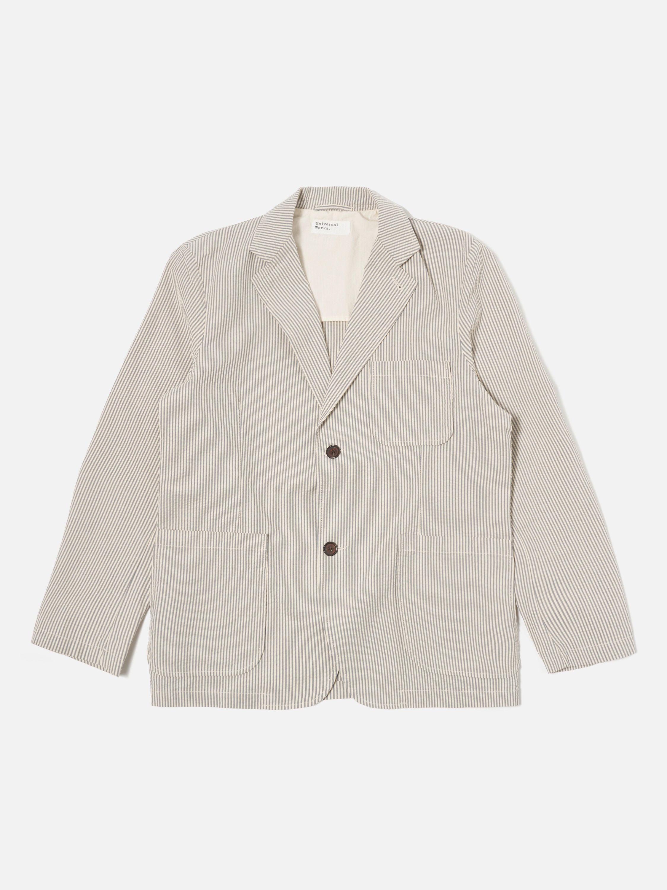 Universal Works Two Button Jacket in Grey Derby Stripe
