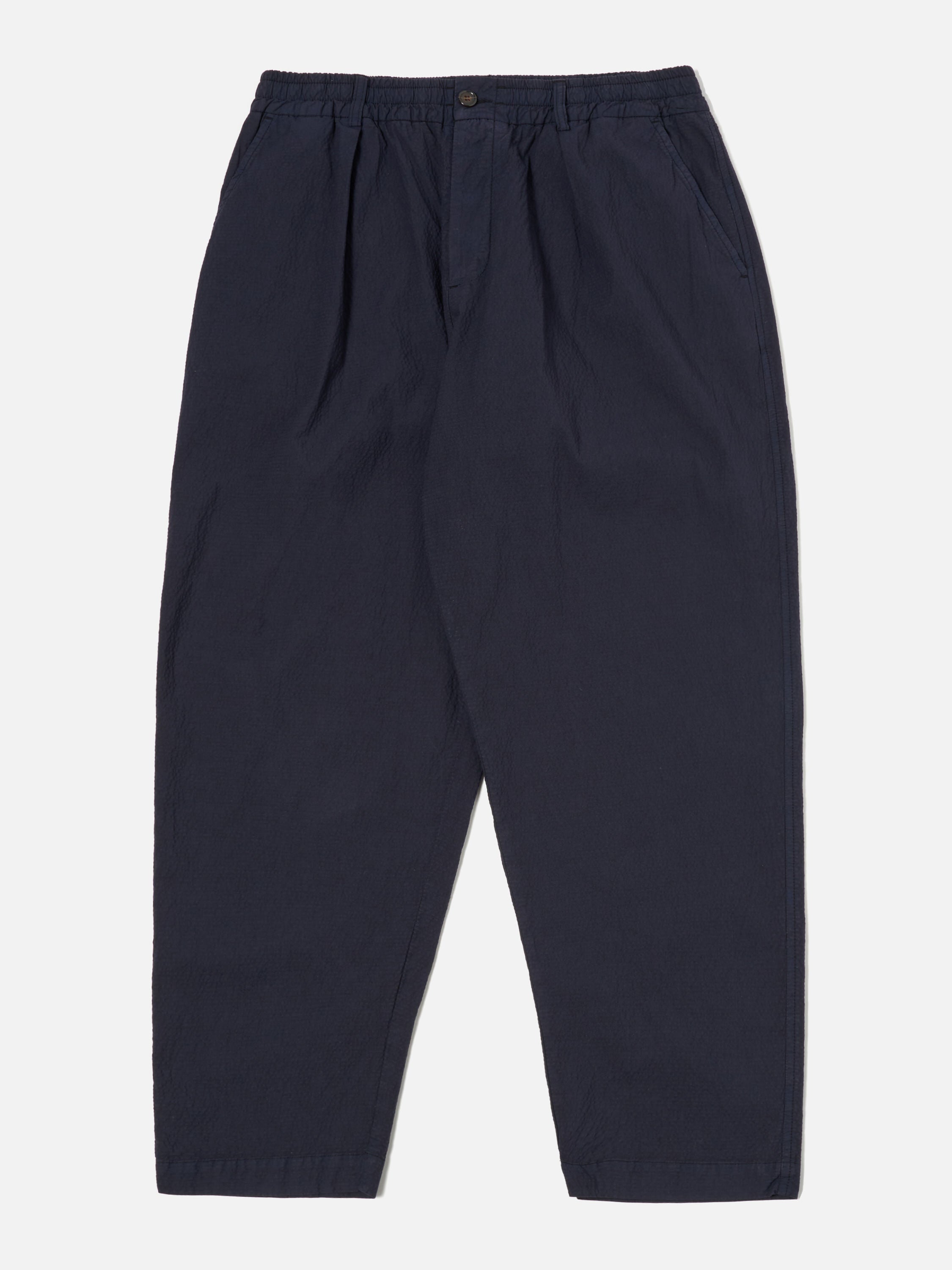 Universal Works Pleated Track Pant in Navy Seersucker II