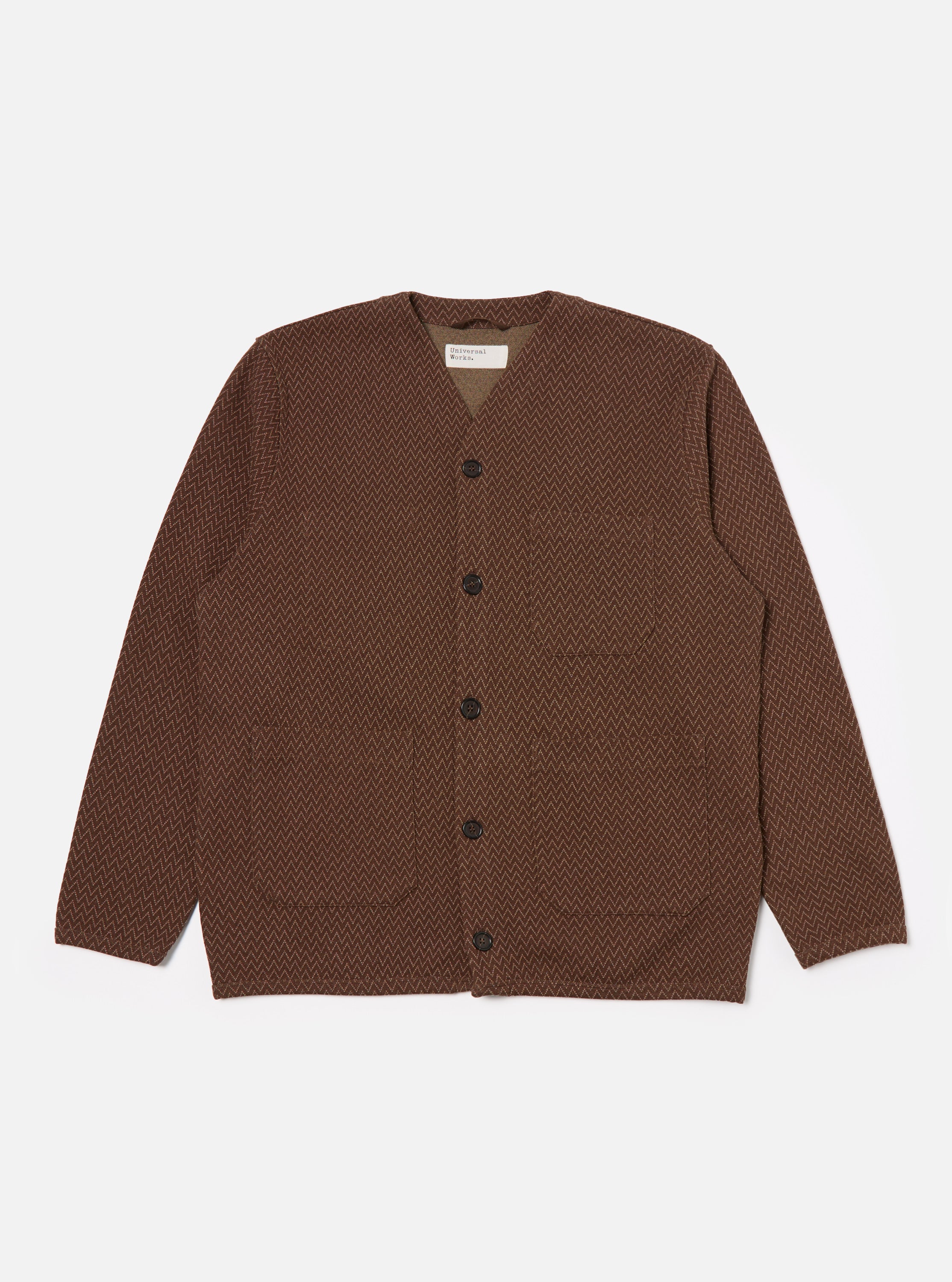 Universal Works Cardigan in Brown Zig Zag Jersey