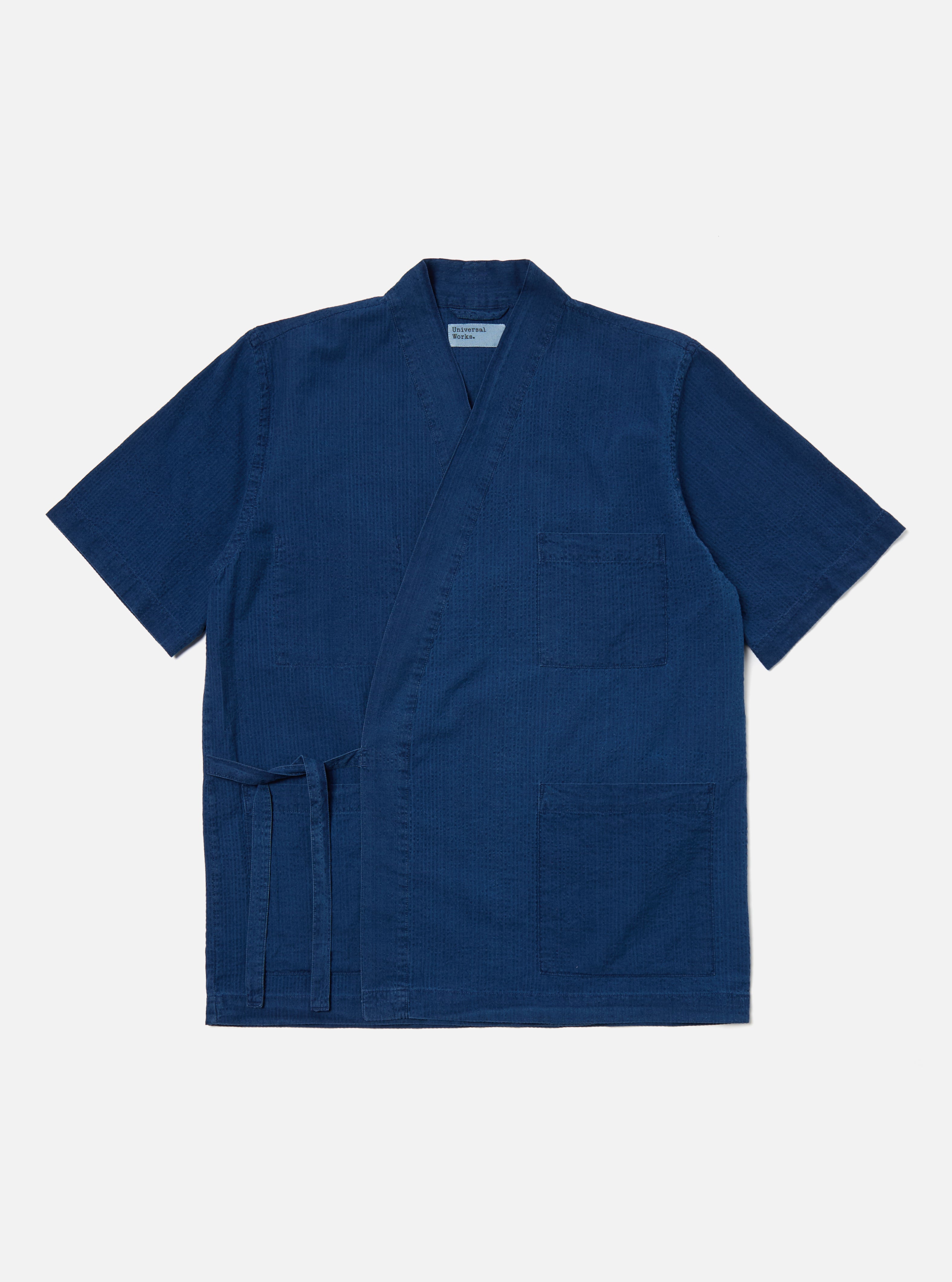 Universal Works S/S Kyoto Shirt in Washed Indigo Seersucker