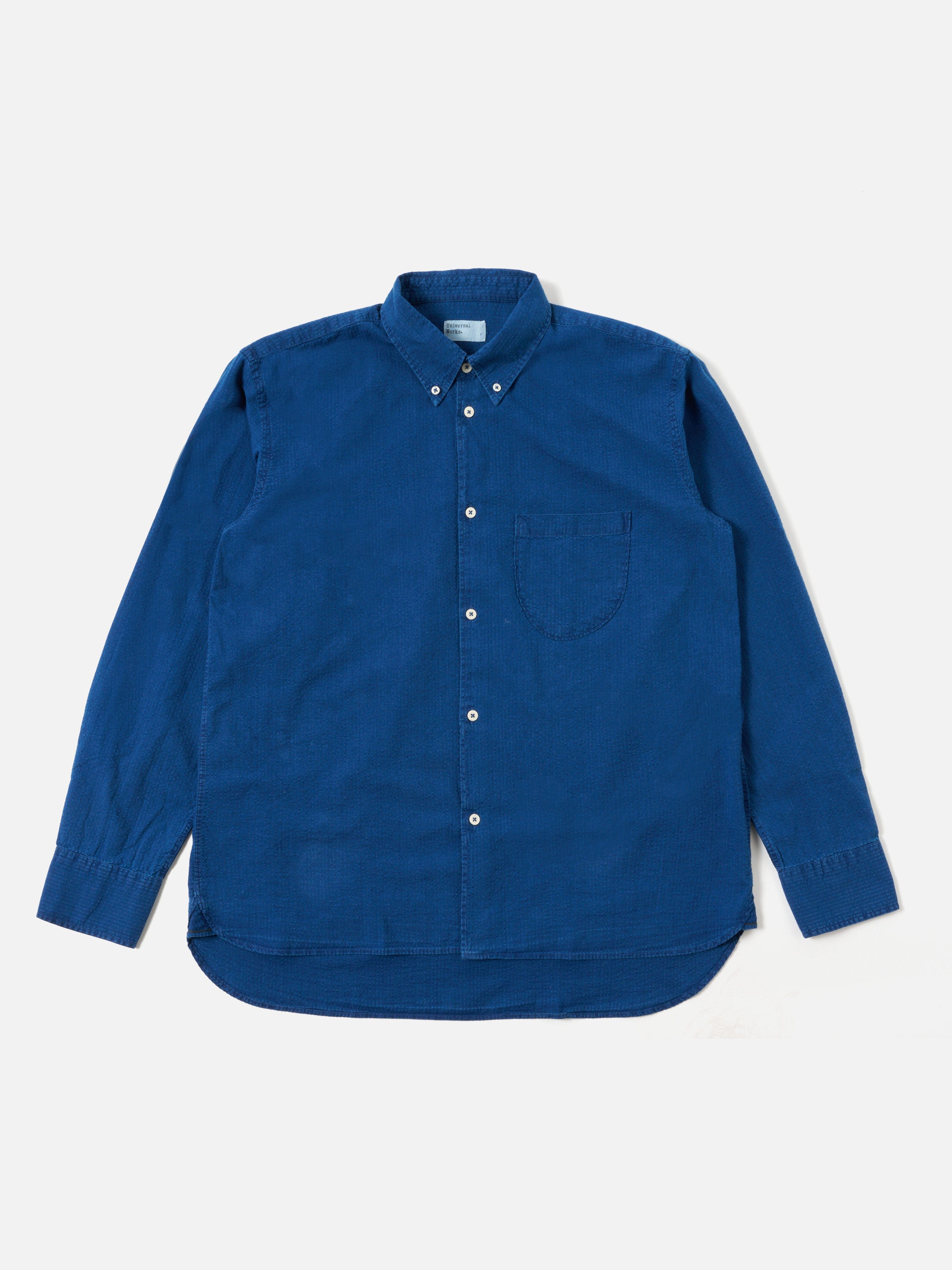 Universal Works Lazy Day Shirt in Washed Indigo Seersucker