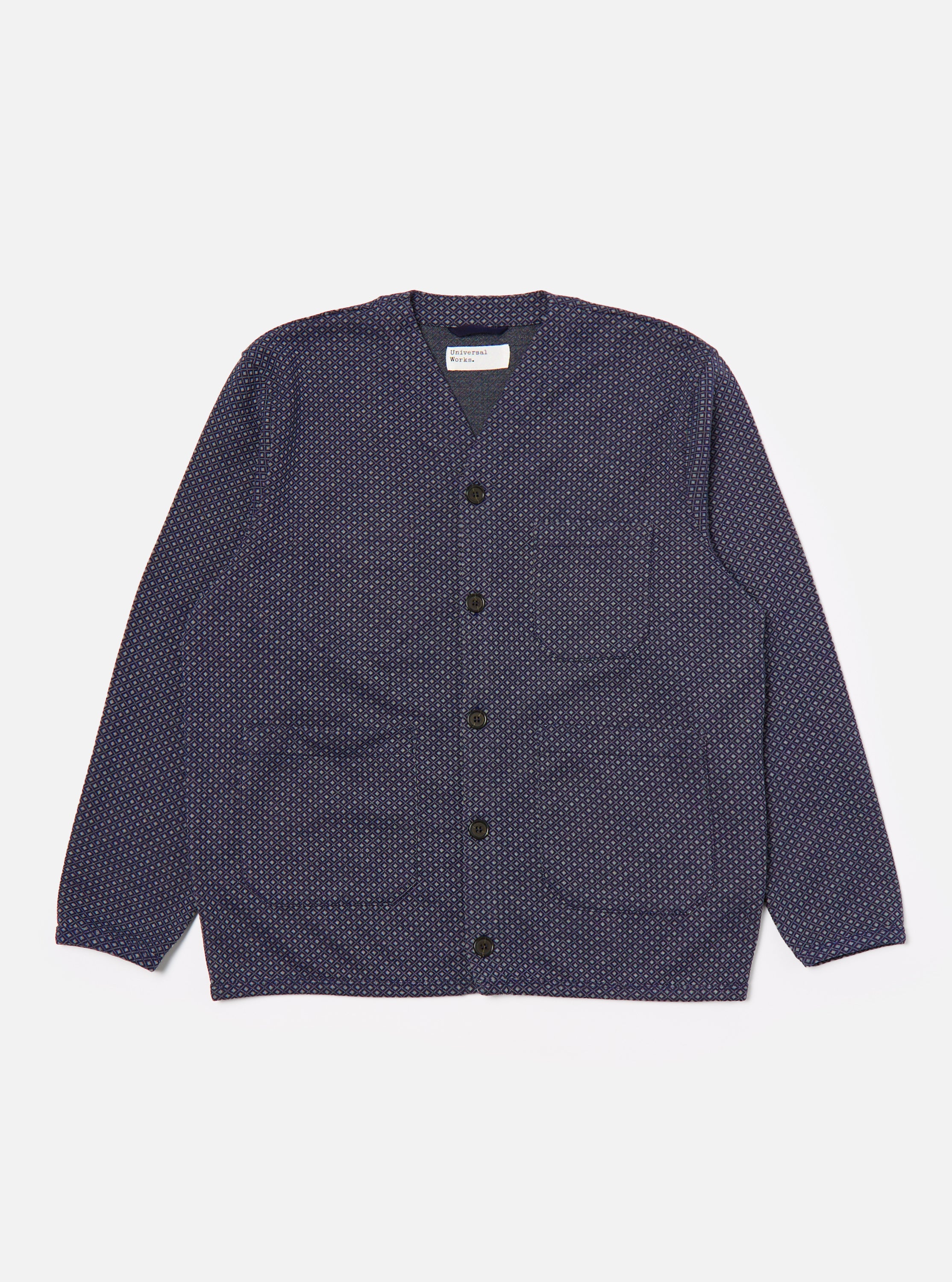 Universal Works Cardigan in Navy Argyll Jersey