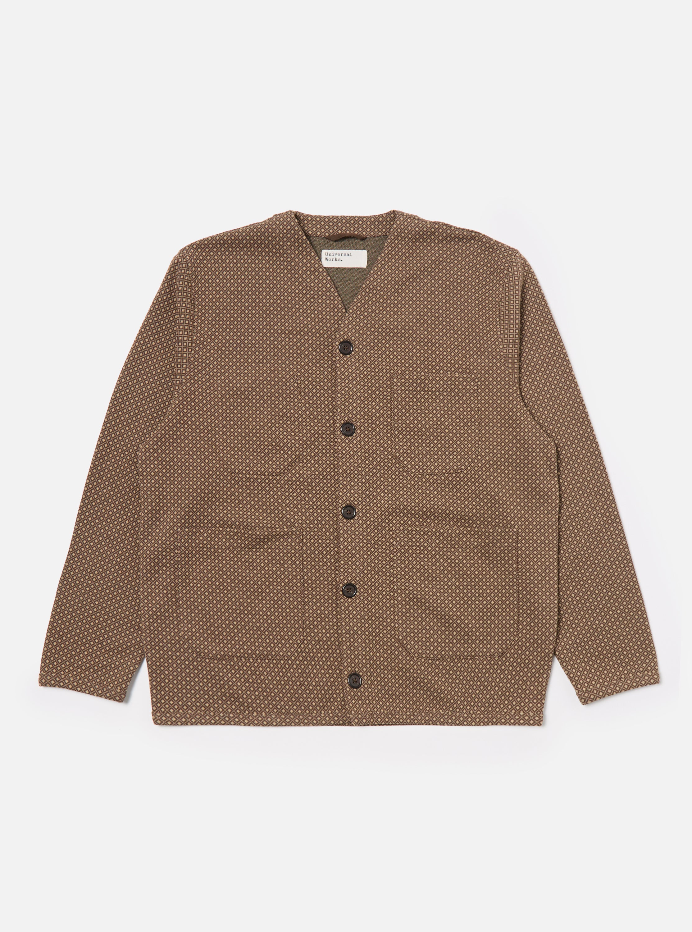 Universal Works Cardigan in Brown Argyll Jersey