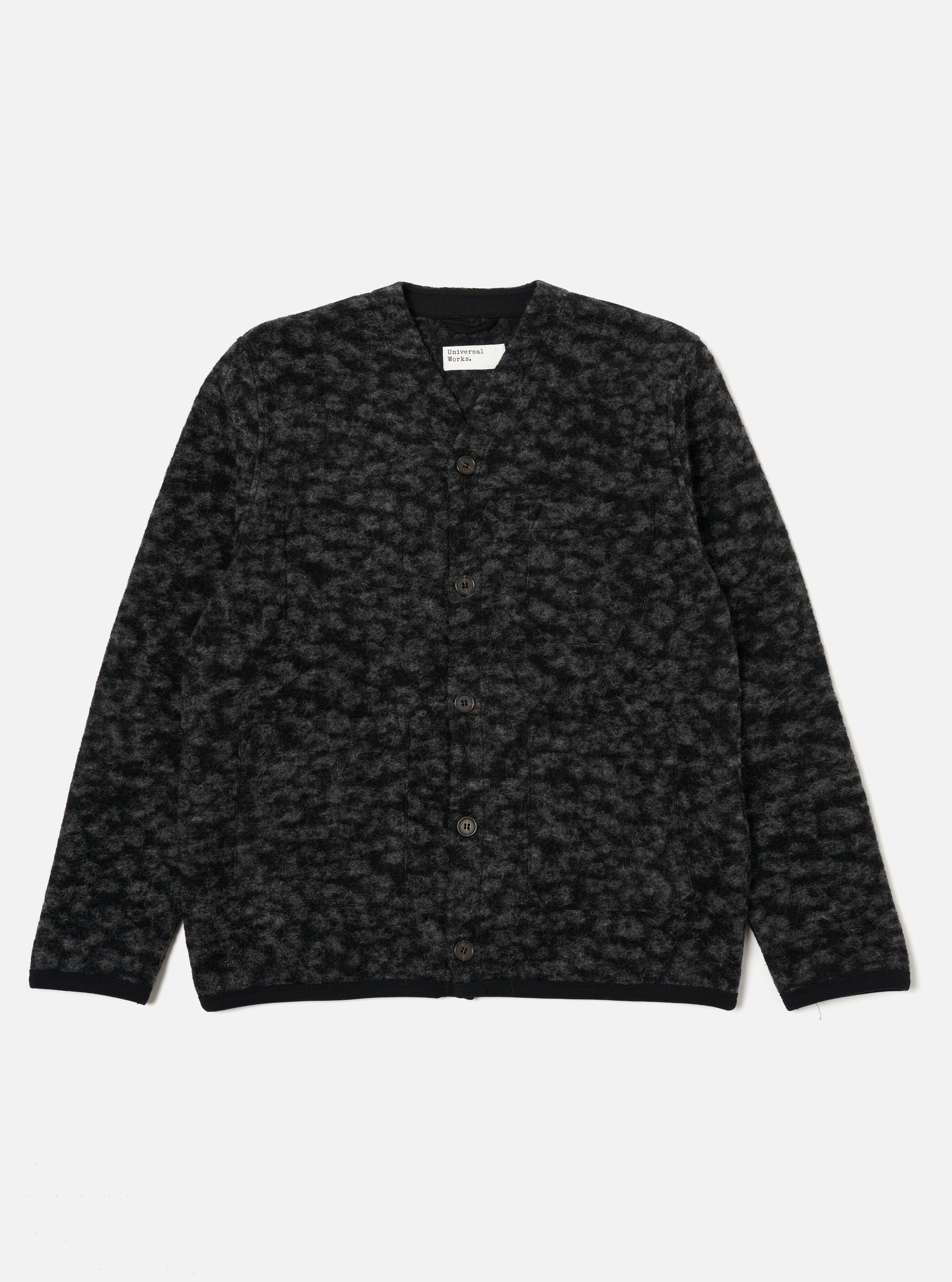 Universal Works Cardigan in Black/Anthracite Leopard ll Fleece