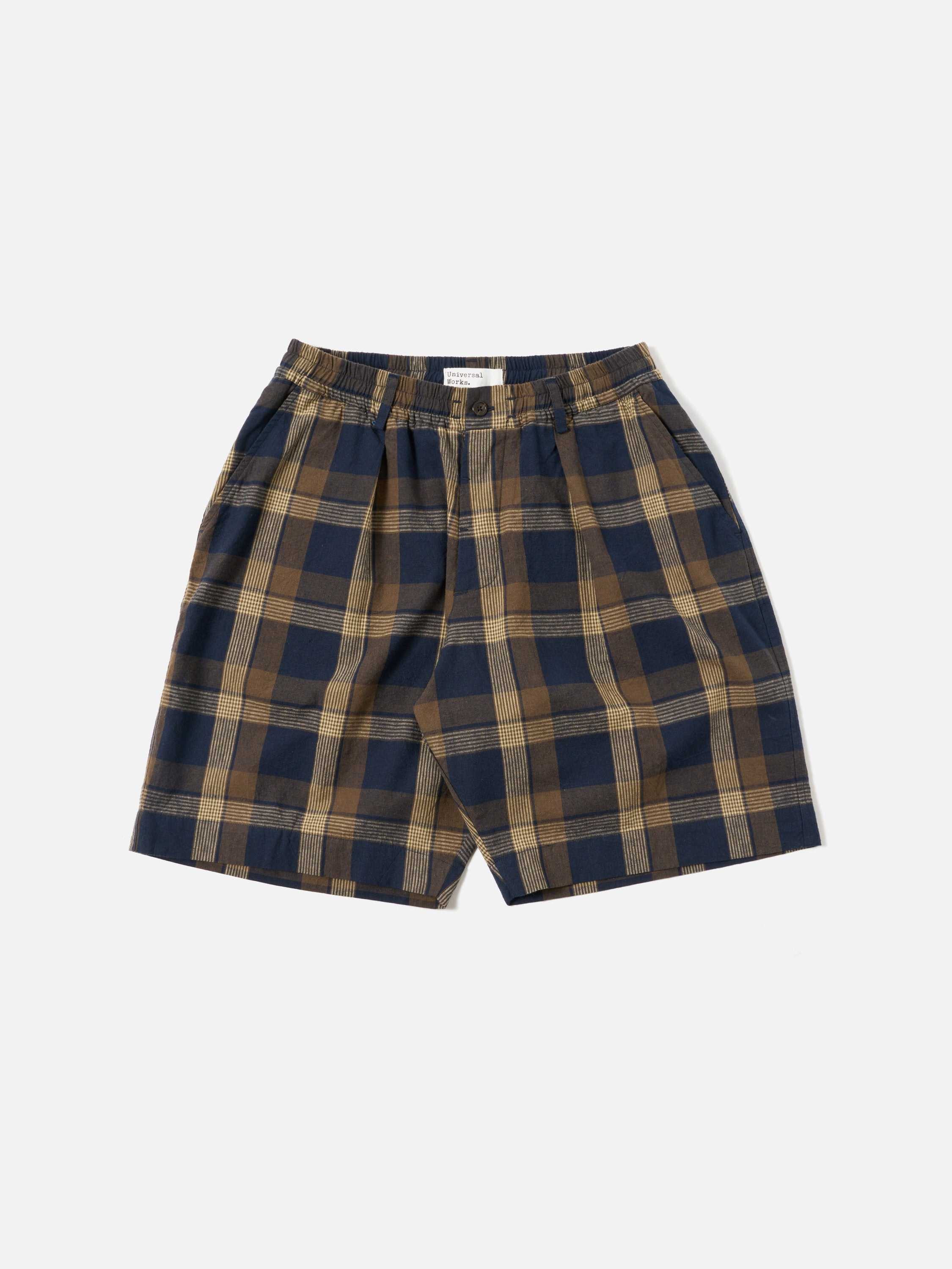 Universal Works Pleated Track Short in Navy/Brown Lincot Big Check