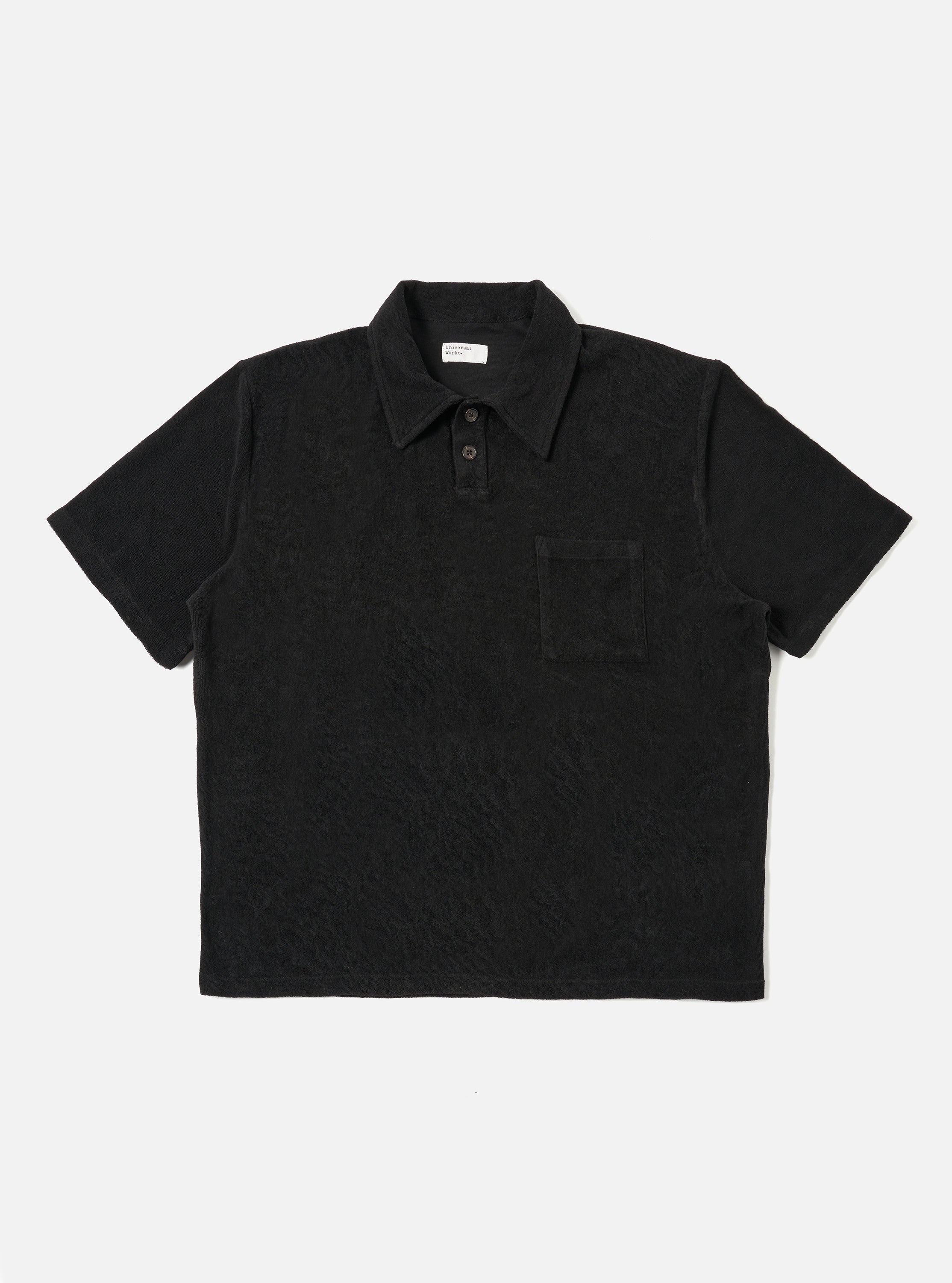 Universal Works Newlyn Polo in Black Light Weight Terry
