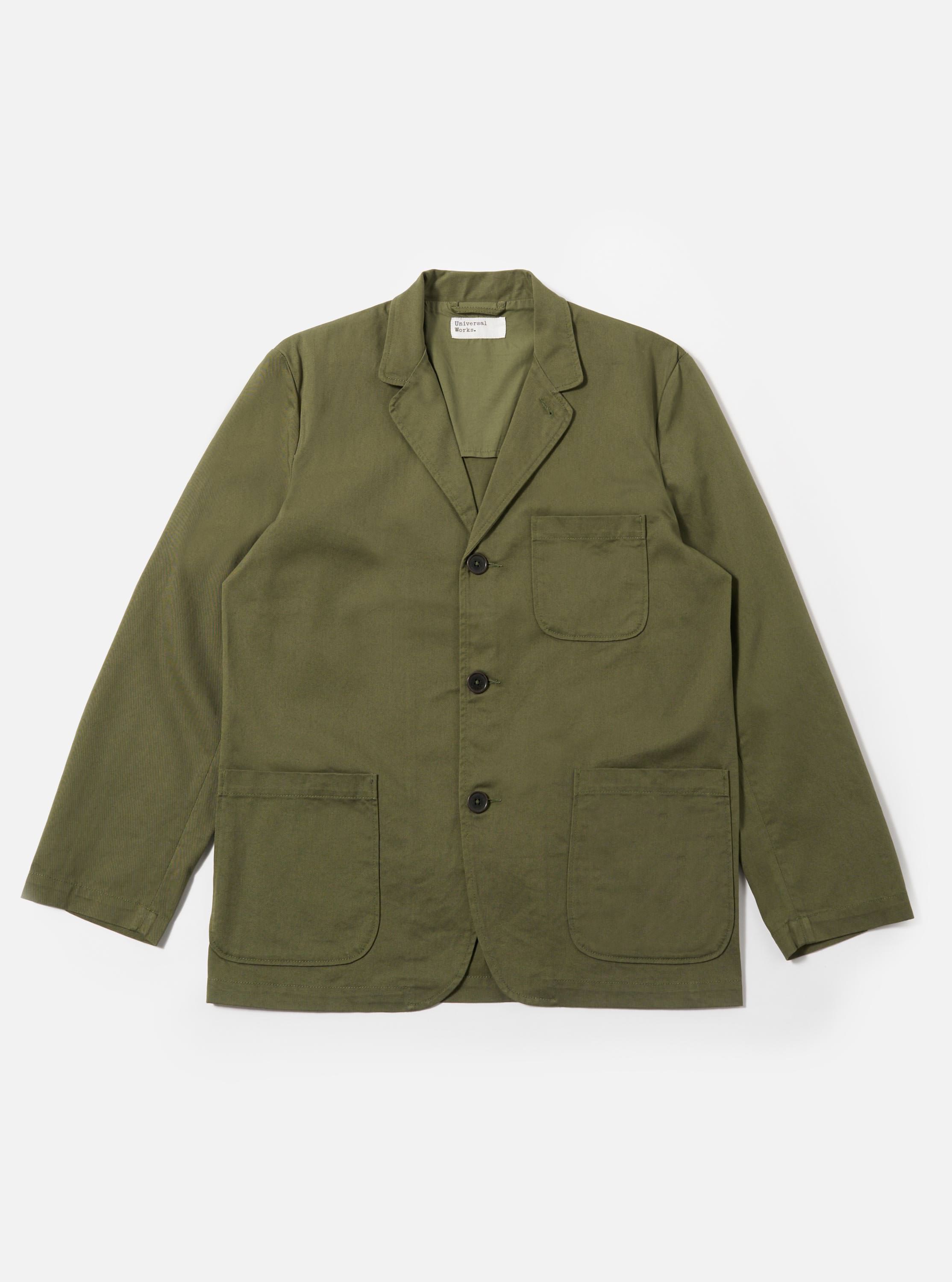 Universal Works Three Button Jacket in Light Olive Twill