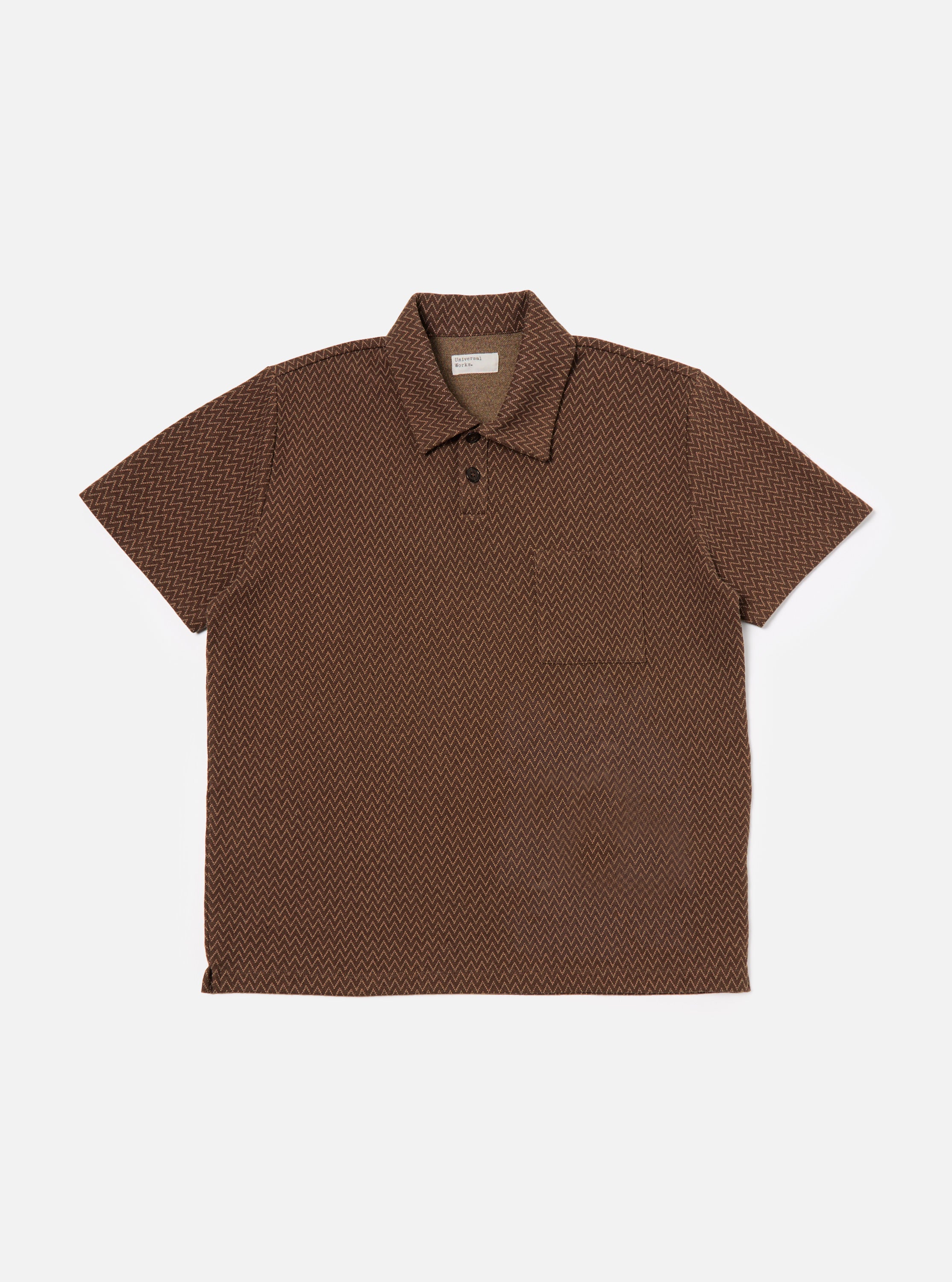 Universal Works Newlyn Polo in Brown Zig Zag Jersey