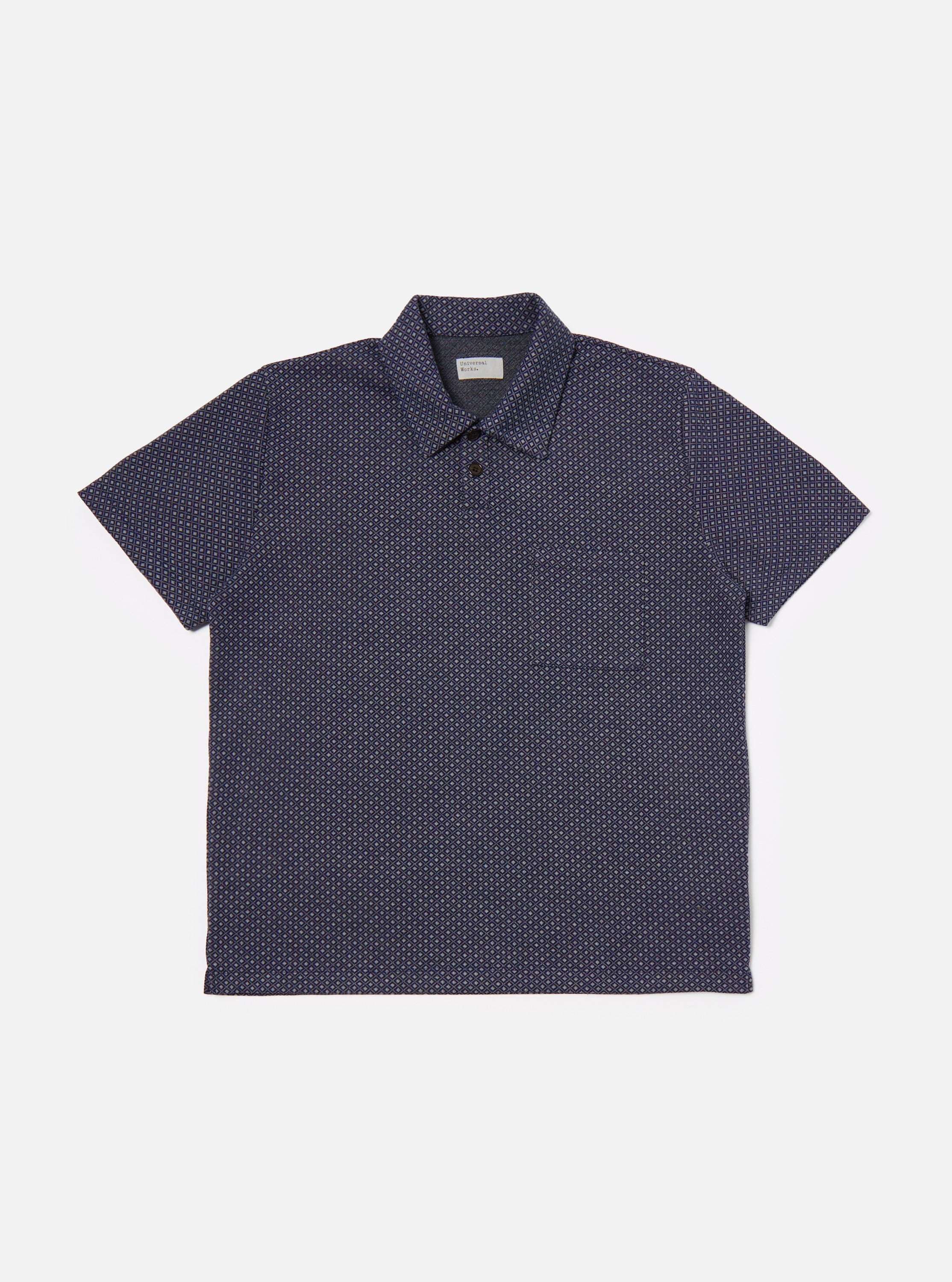 Universal Works Newlyn Polo in Navy Argyll Jersey