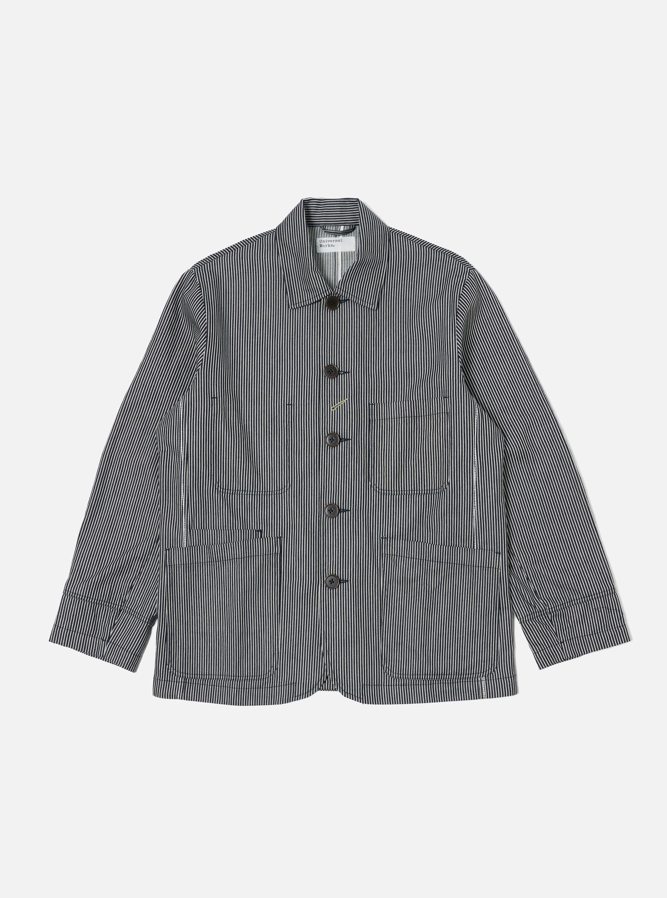 Universal Works Original Bakers Jacket in Indigo Hickory Stripe Denim
