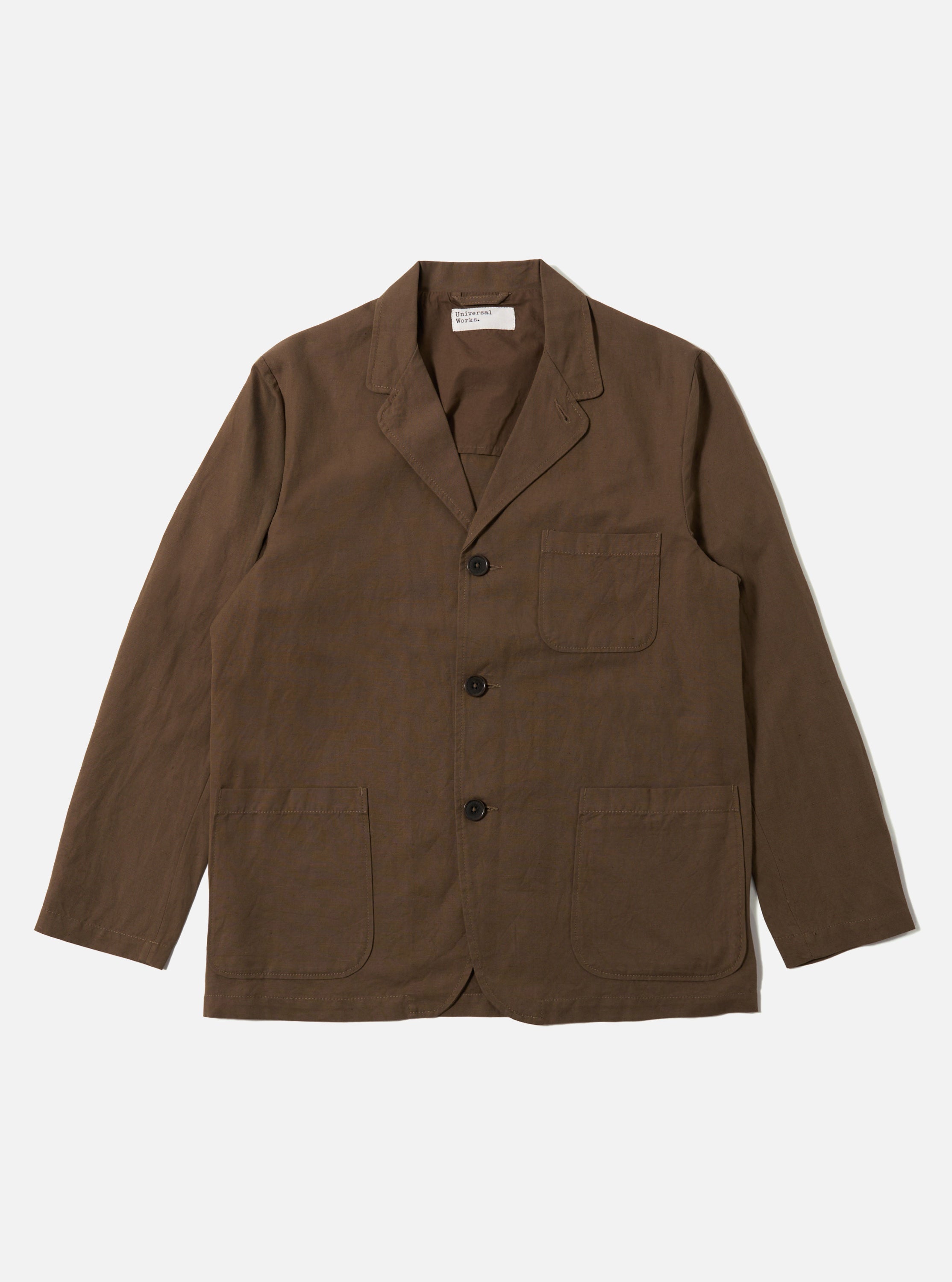 Universal Works Three Button Jacket in Khaki Linen Slub Weave