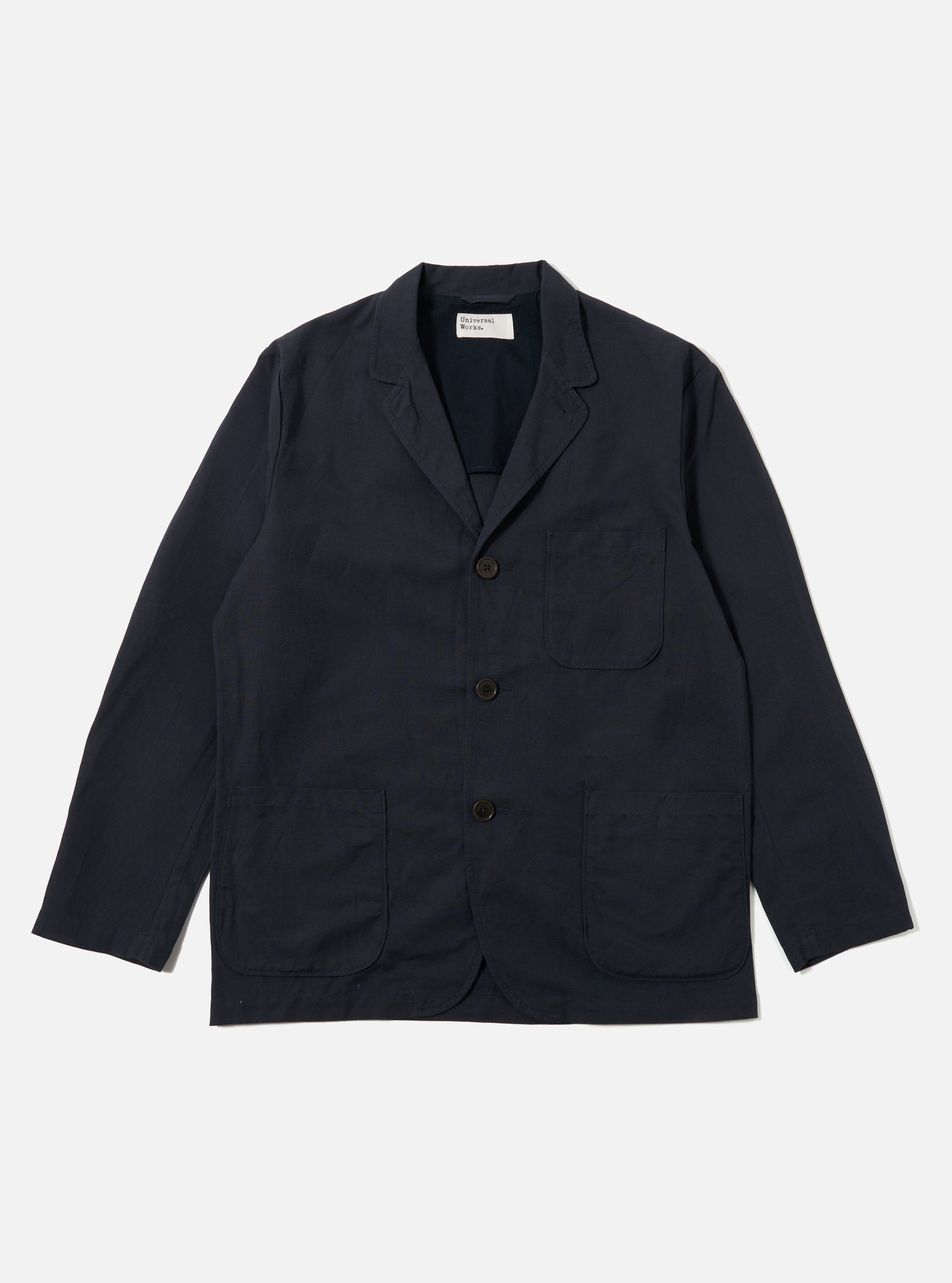 Universal Works Three Button Jacket in Navy Linen Slub Weave