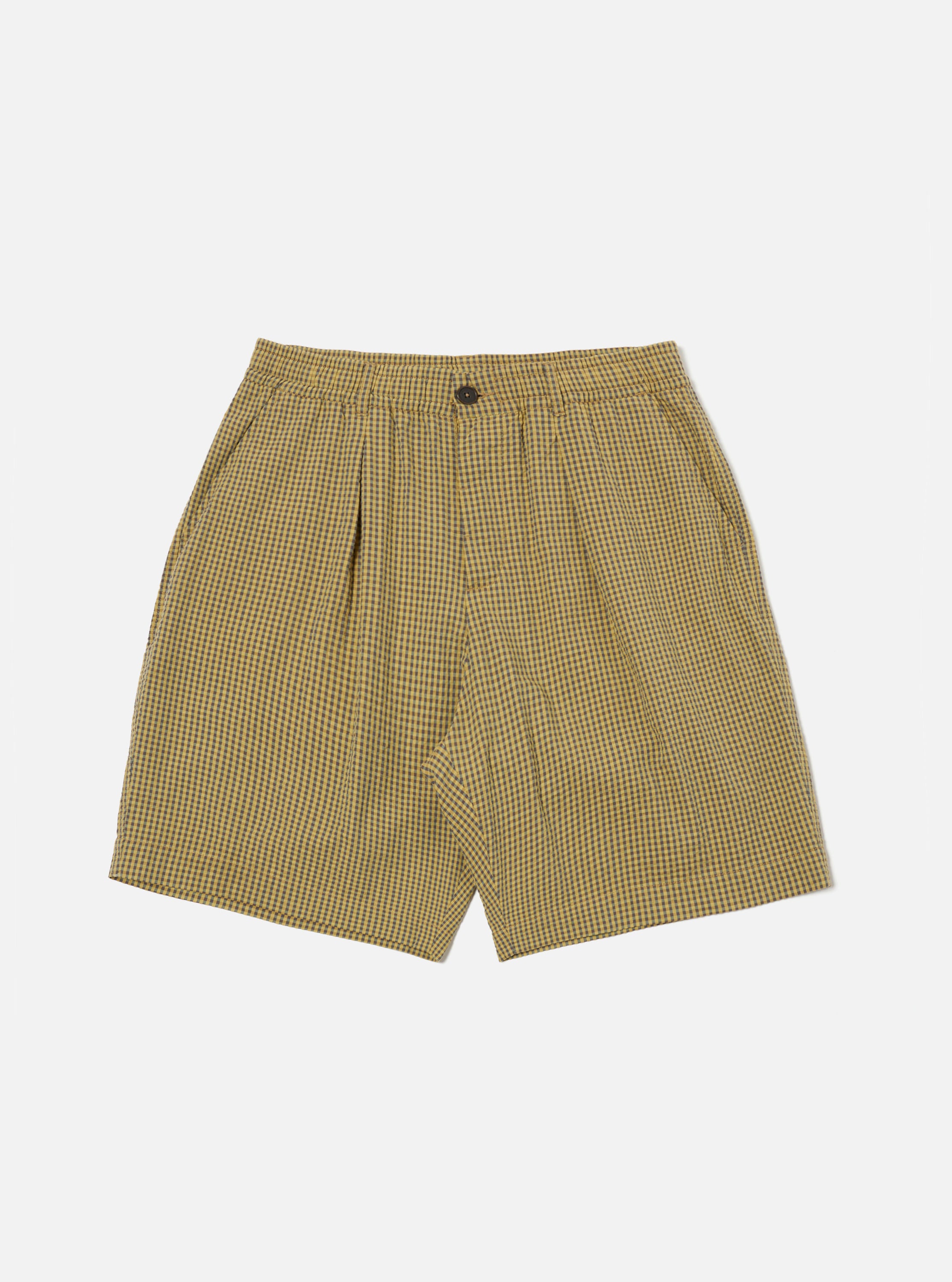 Universal Works Pleated Track Short in Yellow Japanese Seersucker