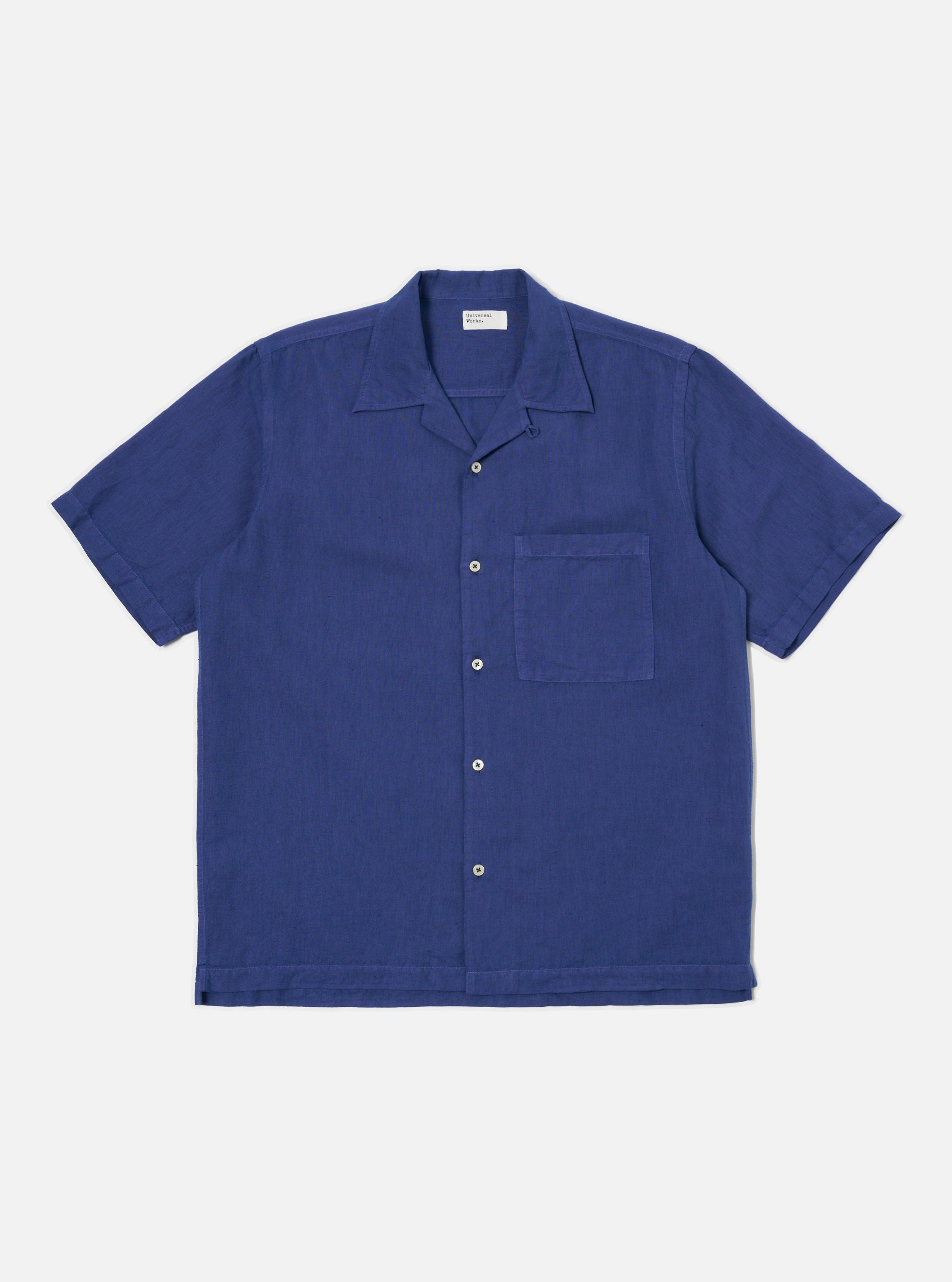 Universal Works Camp Shirt in Blue Linen Cotton Shirting