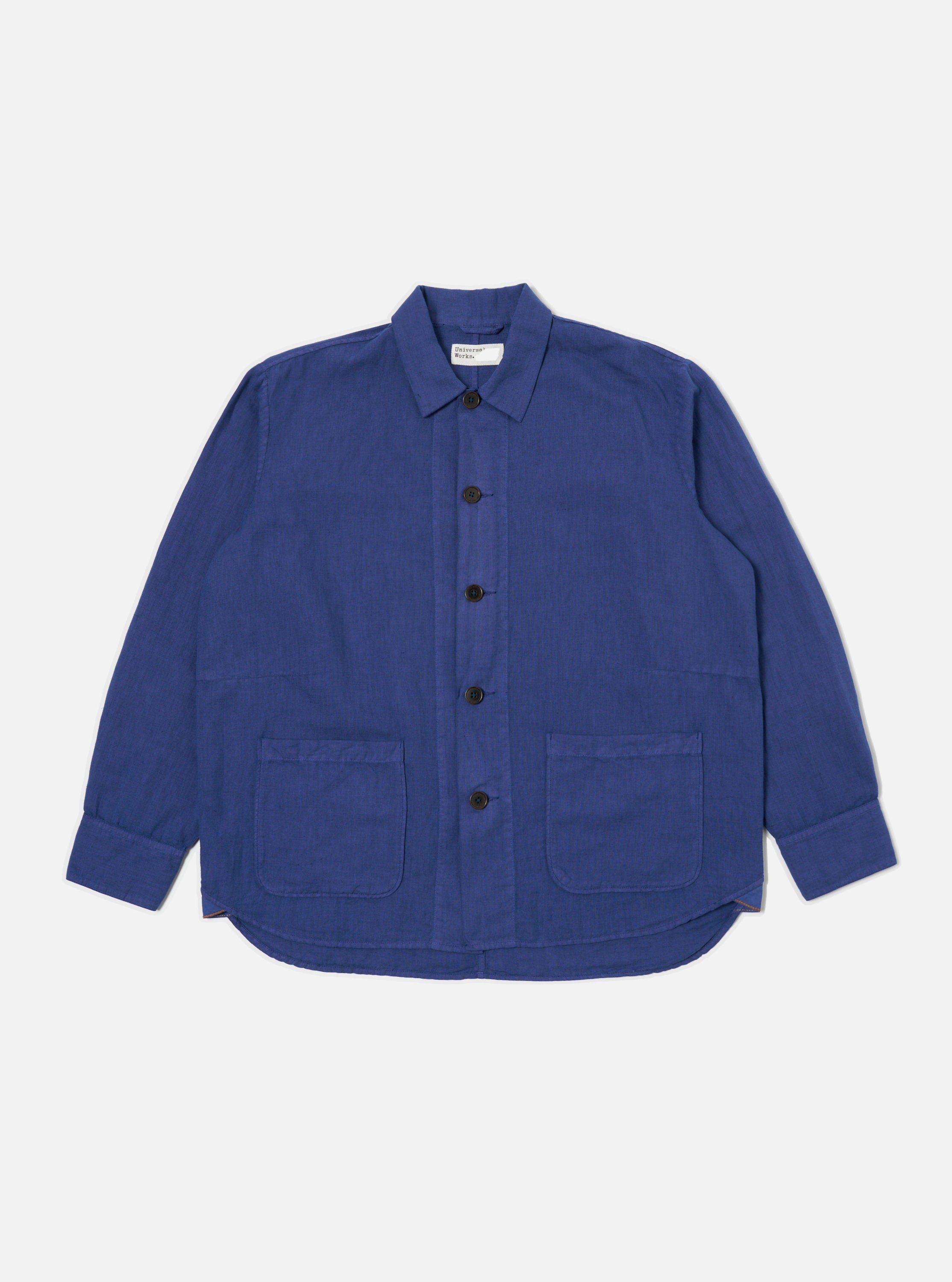 Universal Works Travail Overshirt in Blue Linen Cotton Shirting