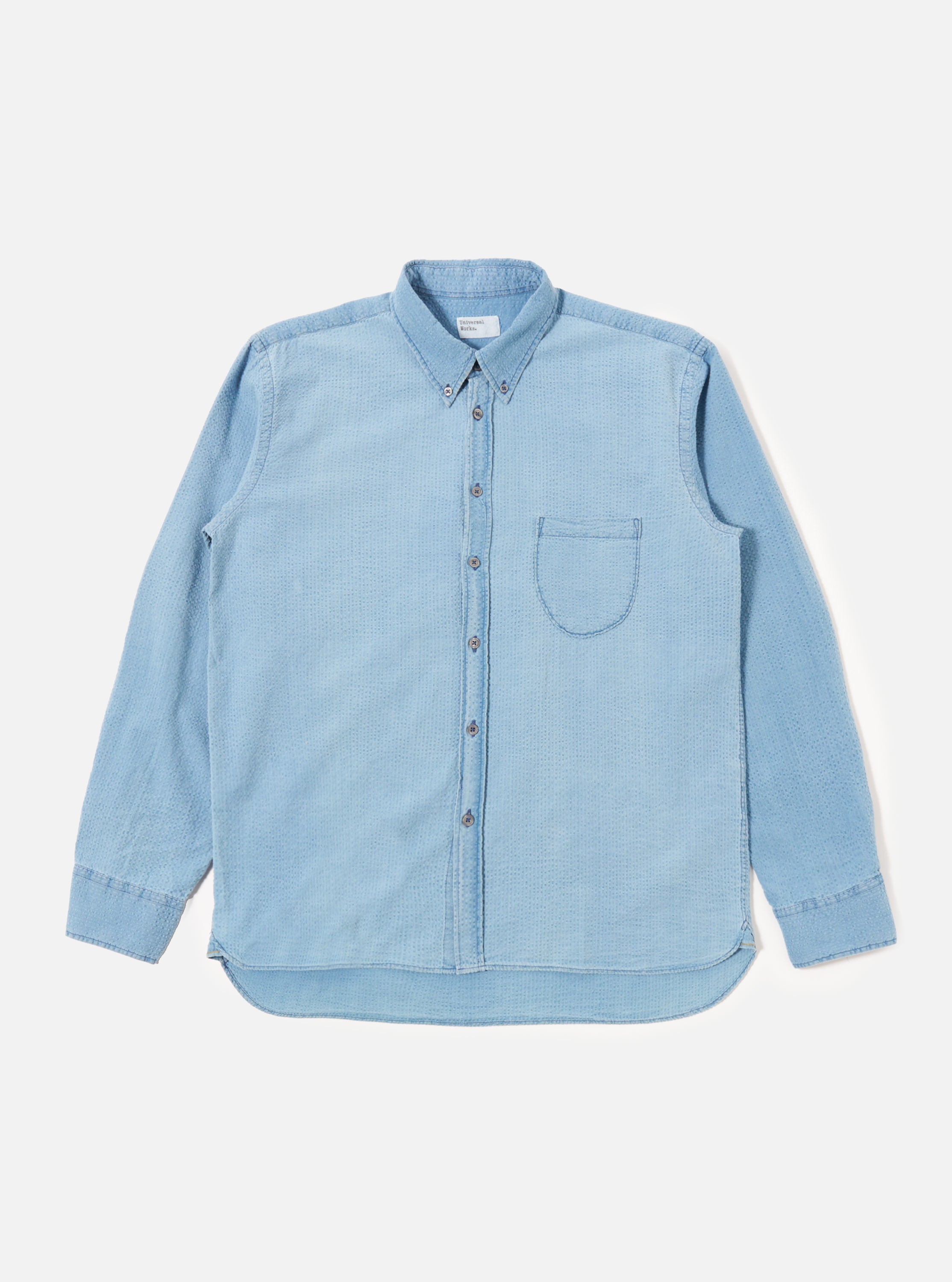 Universal Works Lazy Day Shirt in Bleach Wash Indigo Seersucker