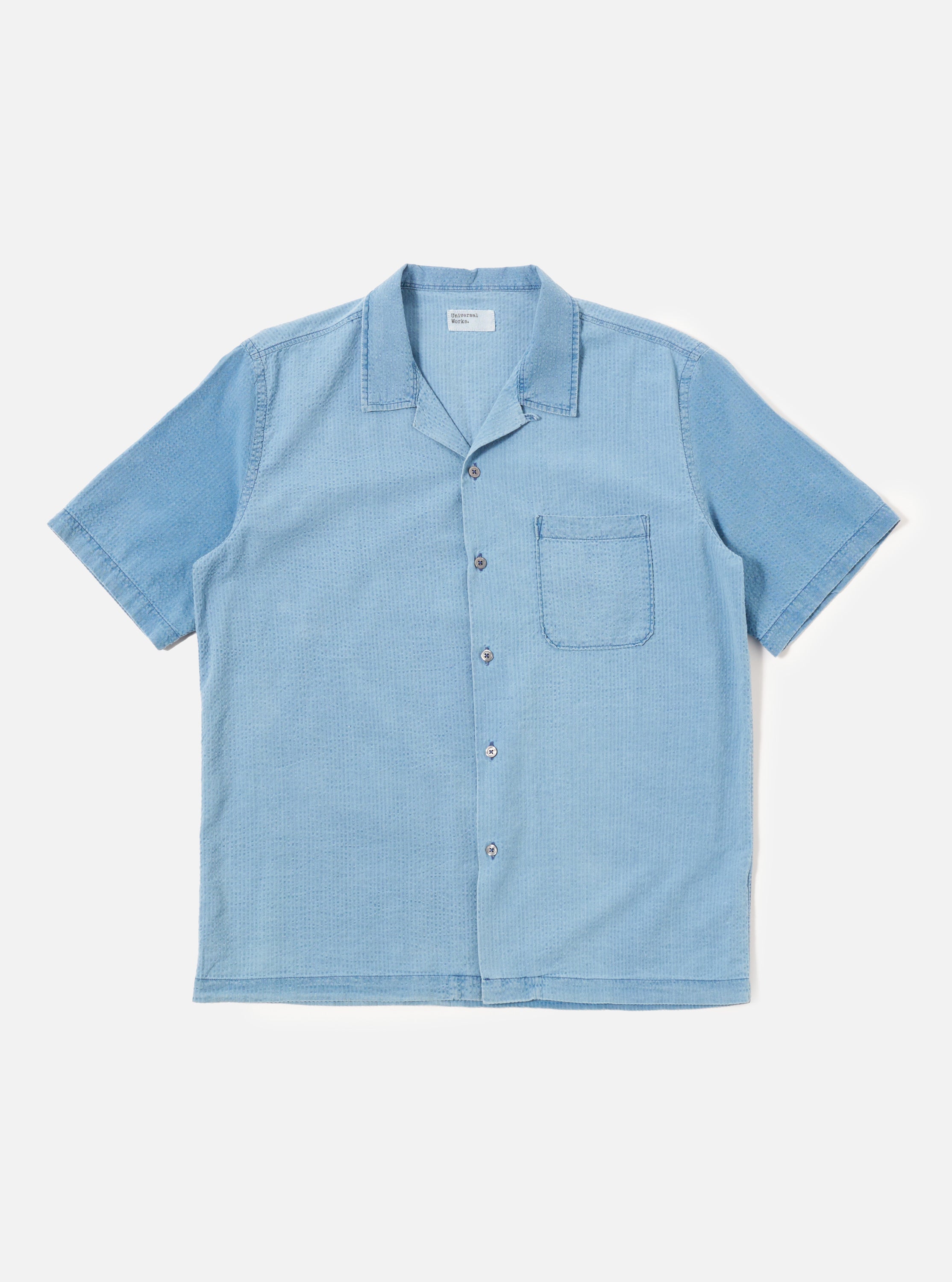 Universal Works Road Shirt in Bleach Wash Indigo Seersucker