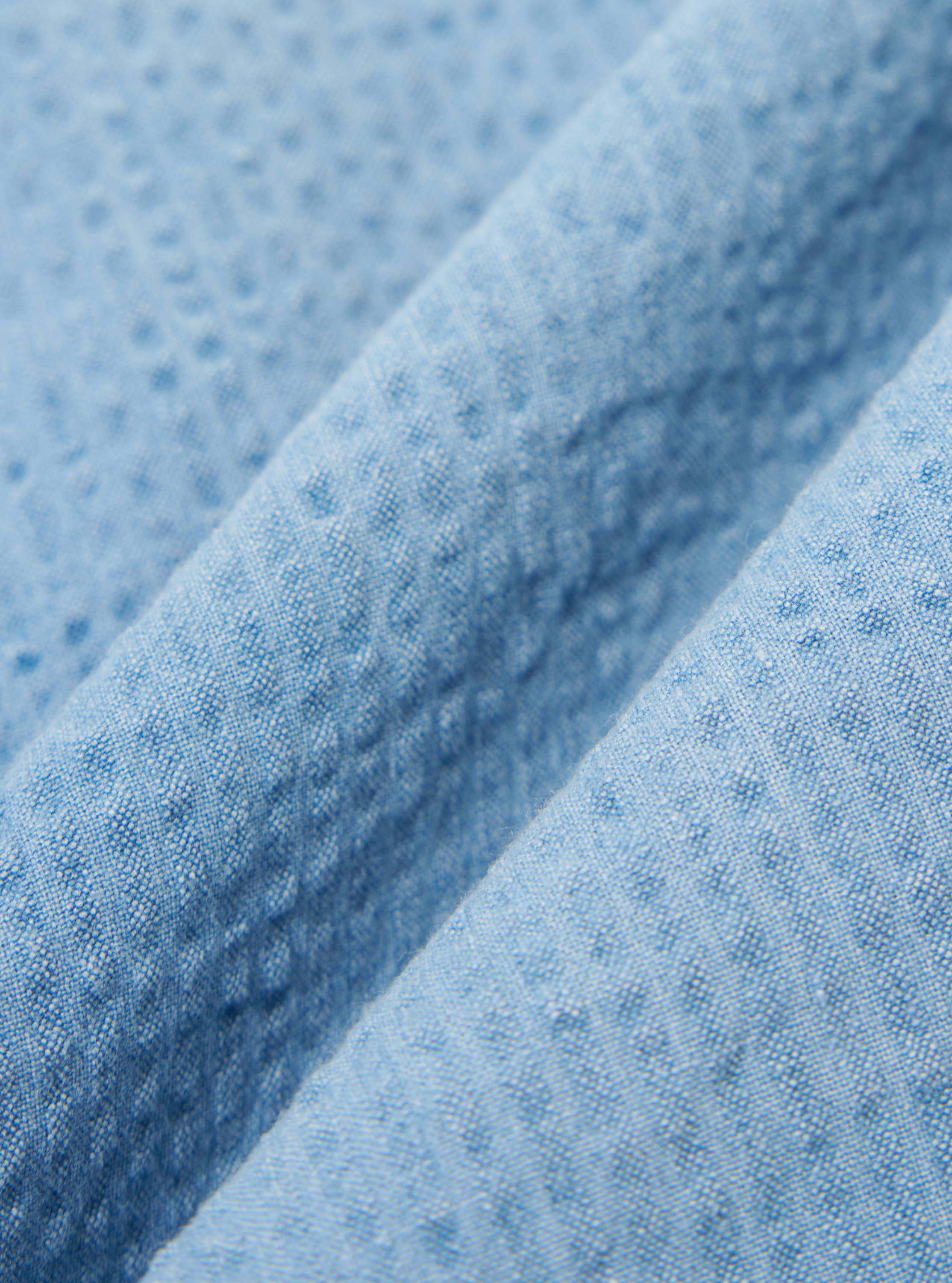 Universal Works Road Shirt in Bleach Wash Indigo Seersucker