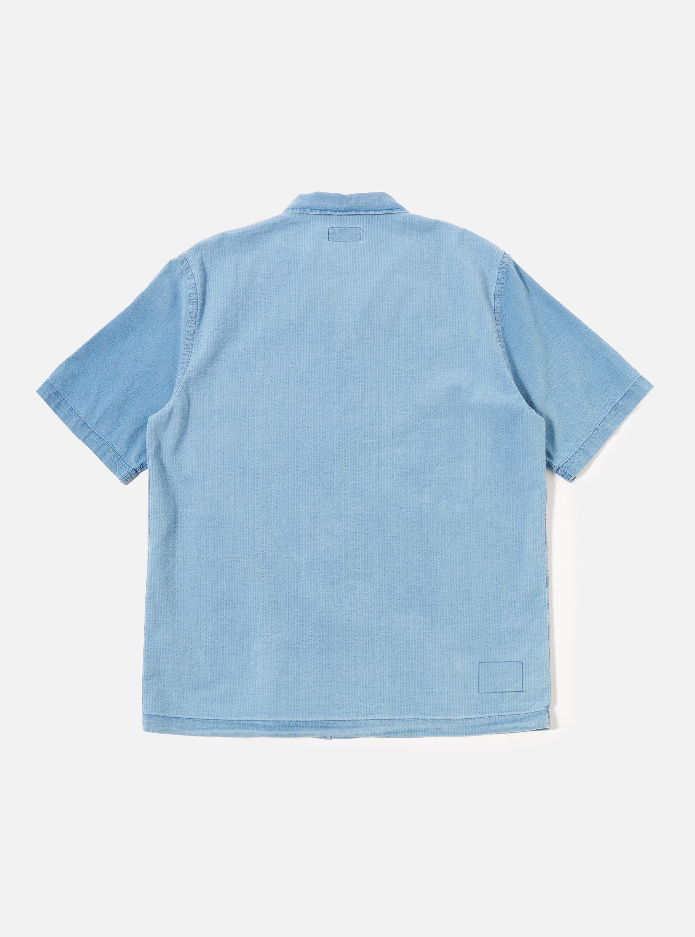 Universal Works Road Shirt in Bleach Wash Indigo Seersucker