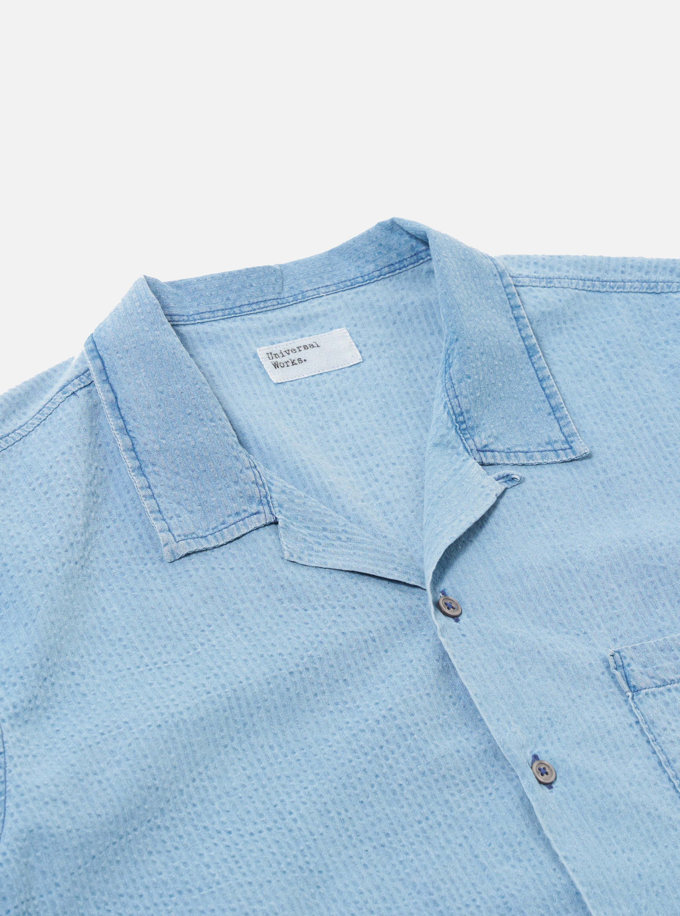 Universal Works Road Shirt in Bleach Wash Indigo Seersucker