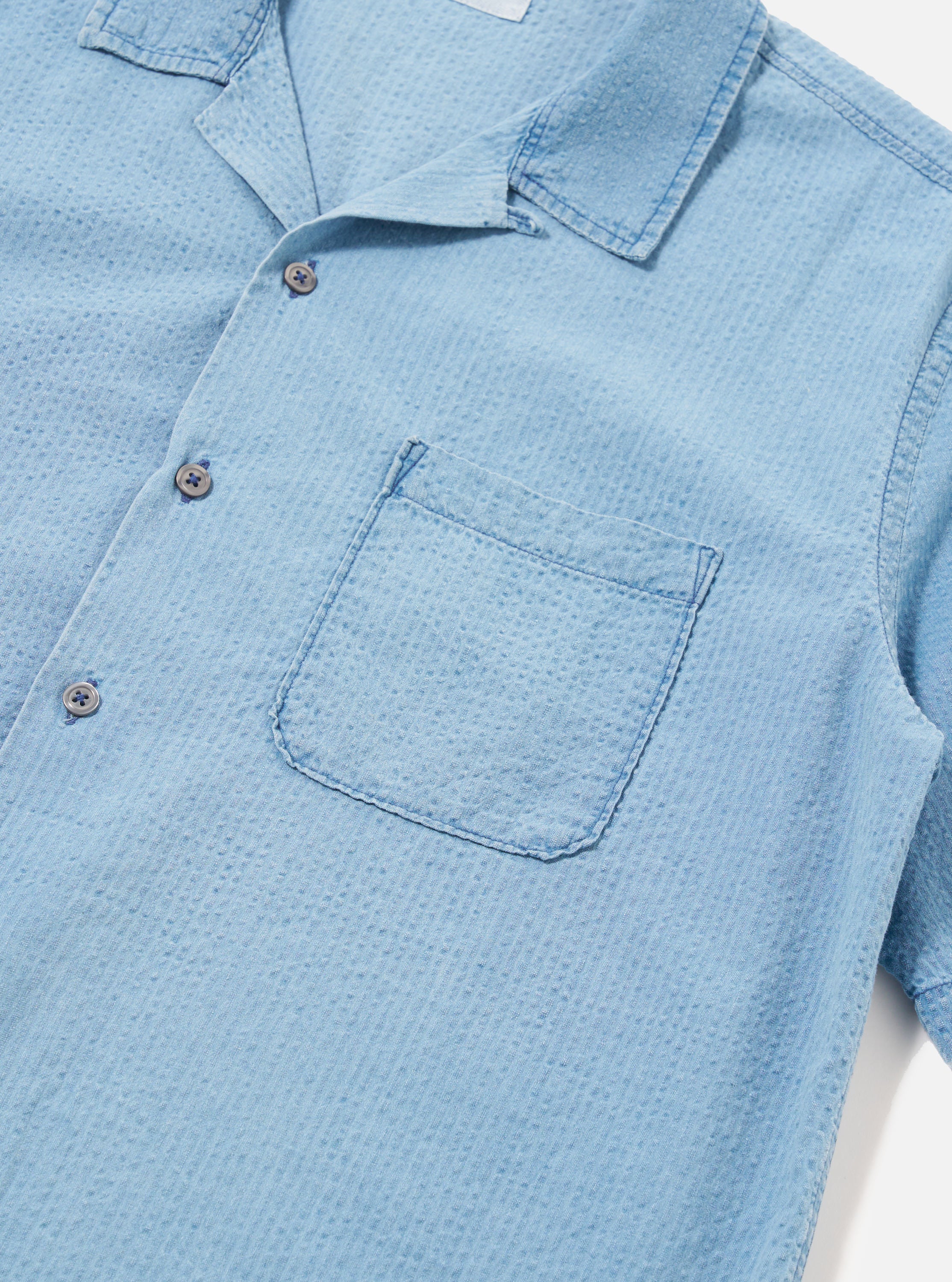 Universal Works Road Shirt in Bleach Wash Indigo Seersucker