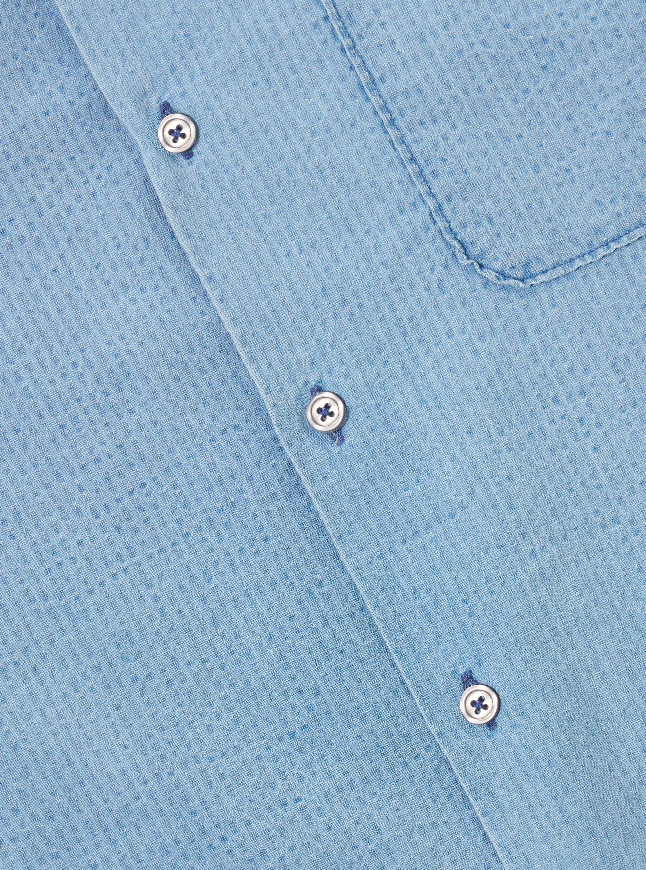 Universal Works Road Shirt in Bleach Wash Indigo Seersucker