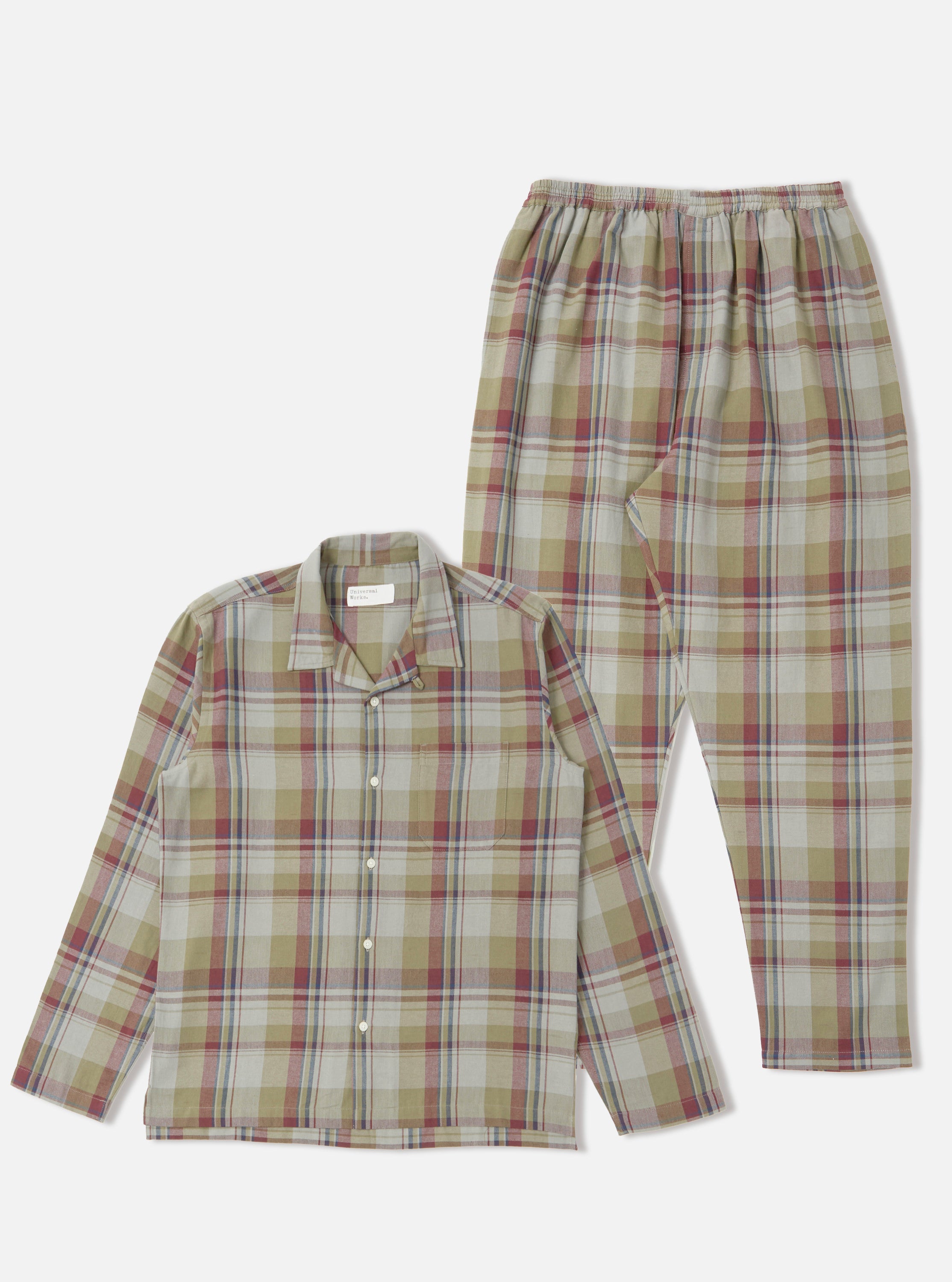 Universal Works Long Pyjama Set in Green Kip Check