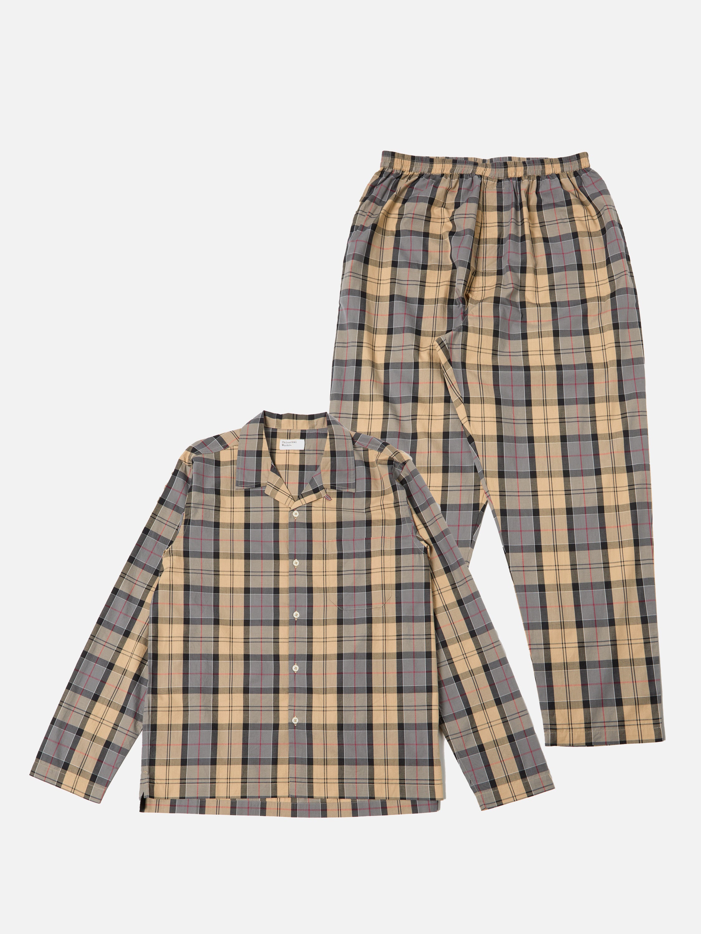Universal Works Long Pyjama Set in Sand Tartan Check